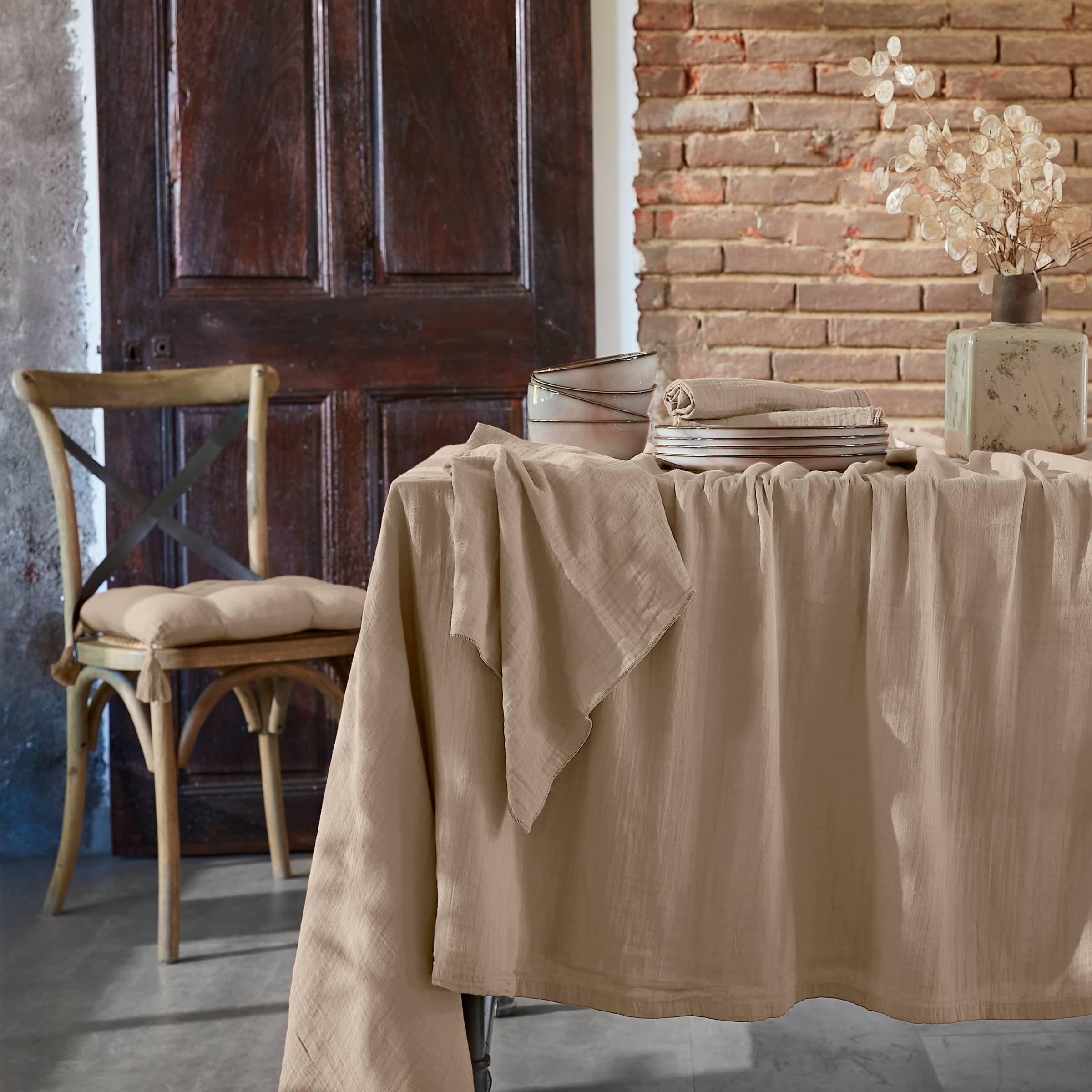 Taupe rectangular muslin tablecloth