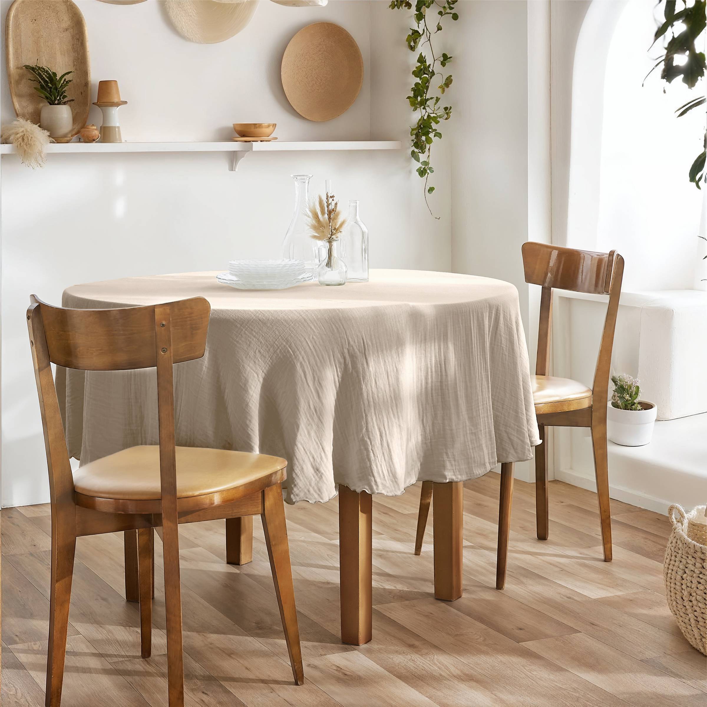 Beige round muslin tablecloth