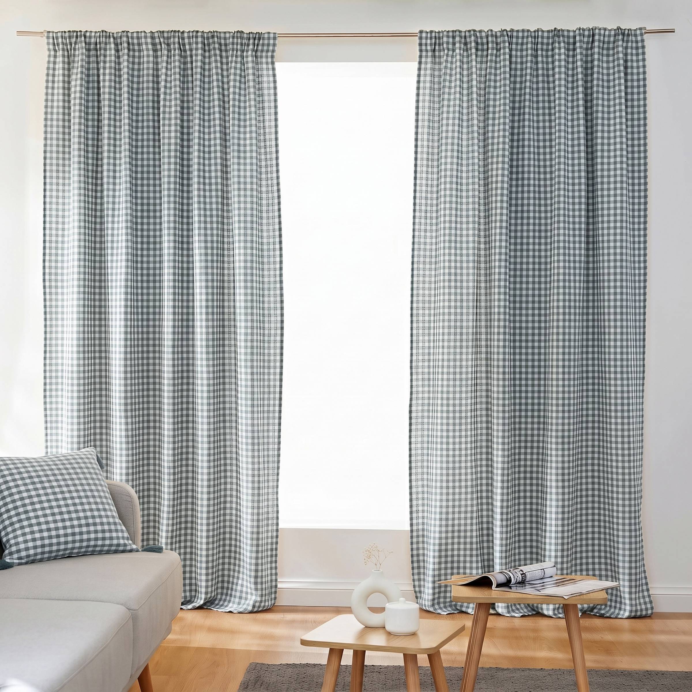 Rosemary green gingham pencil pleat muslin curtain