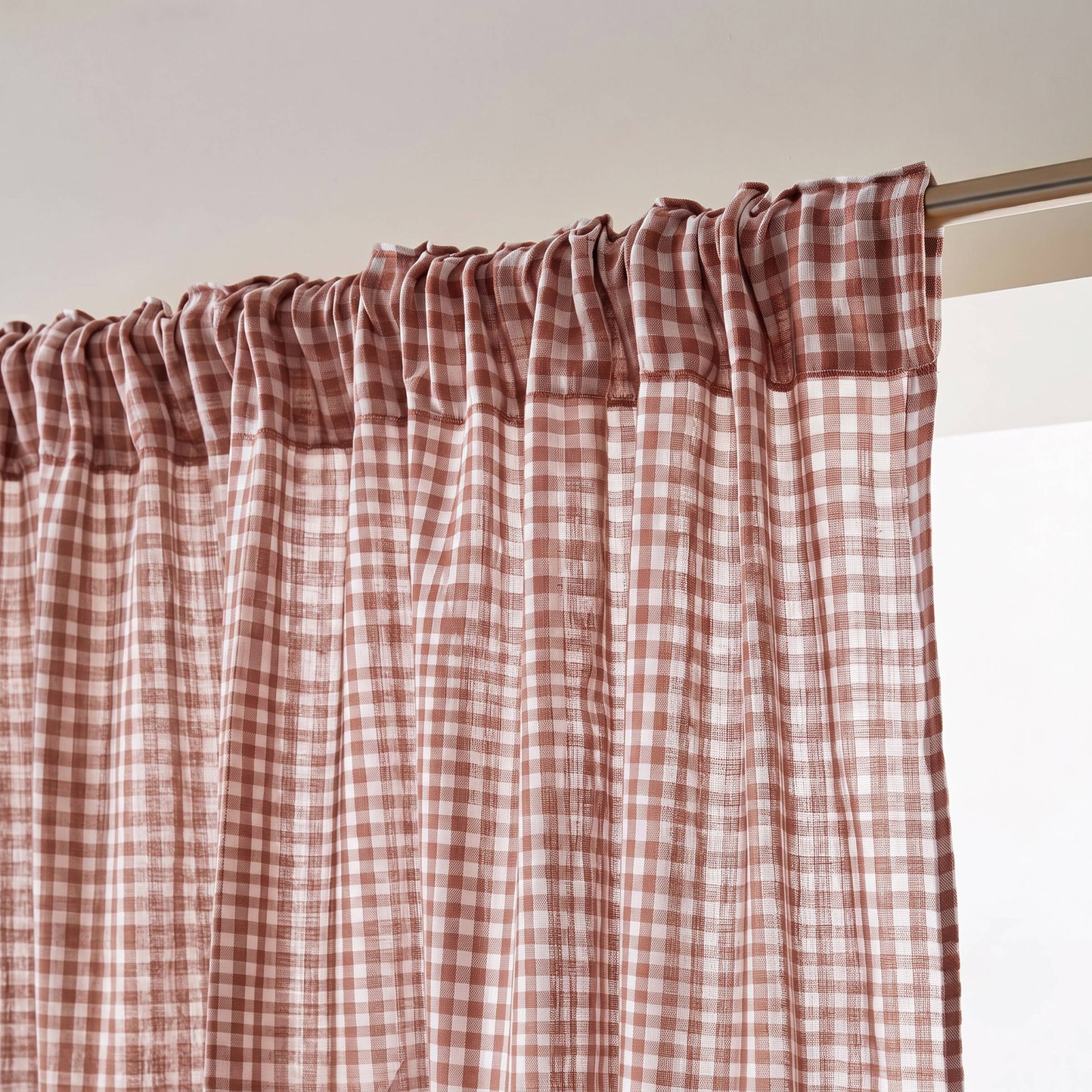 Terracotta gingham pencil pleat muslin curtain