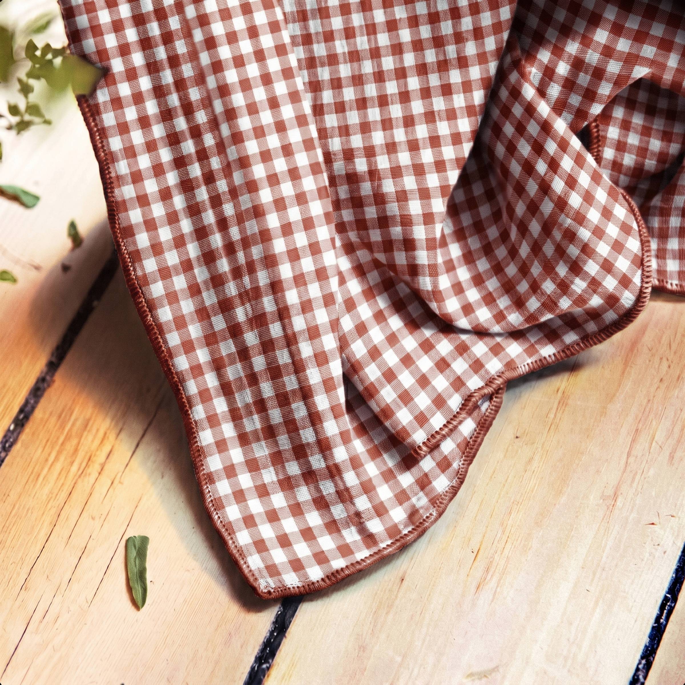 Terracotta gingham pencil pleat muslin curtain