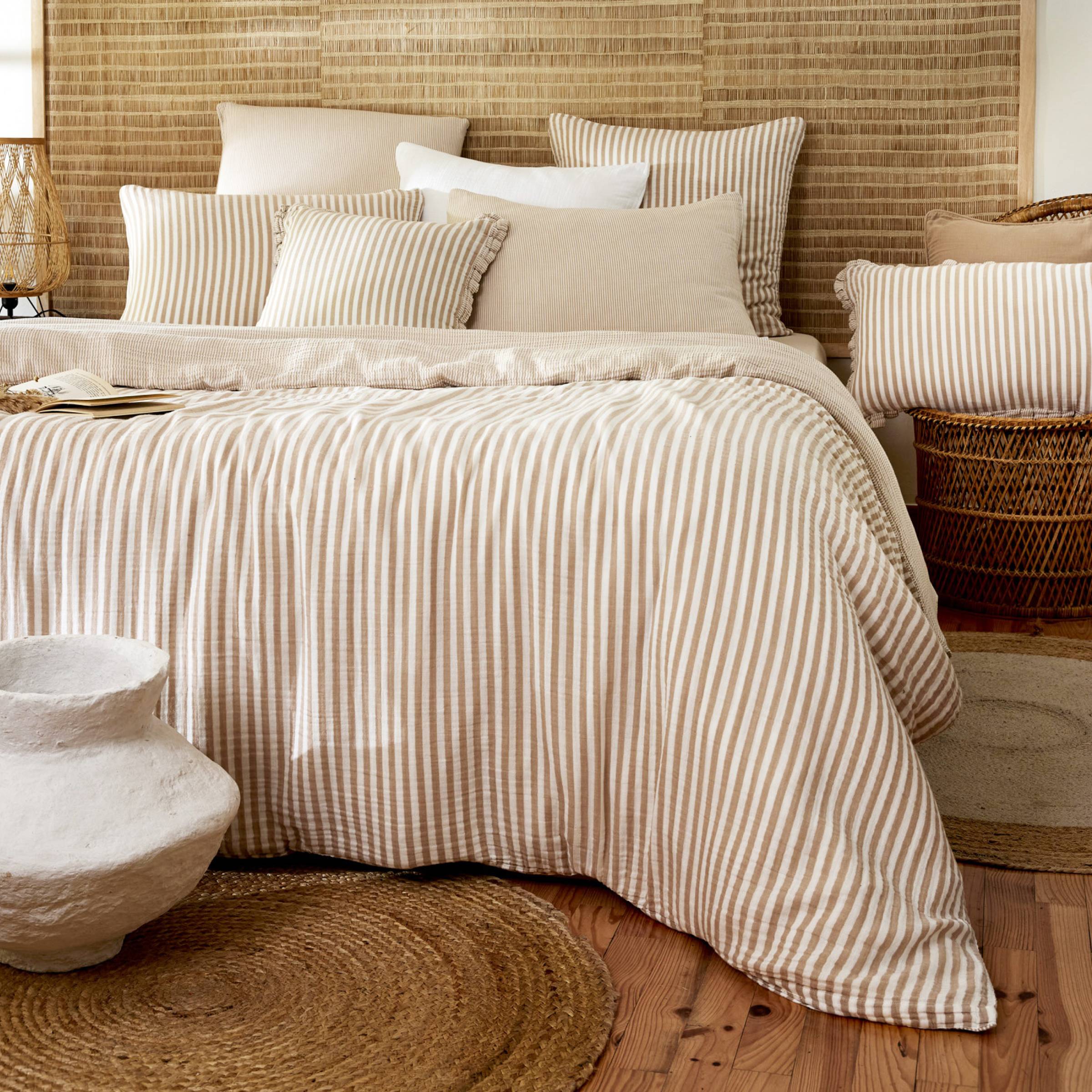 Taupe striped muslin pillowcase