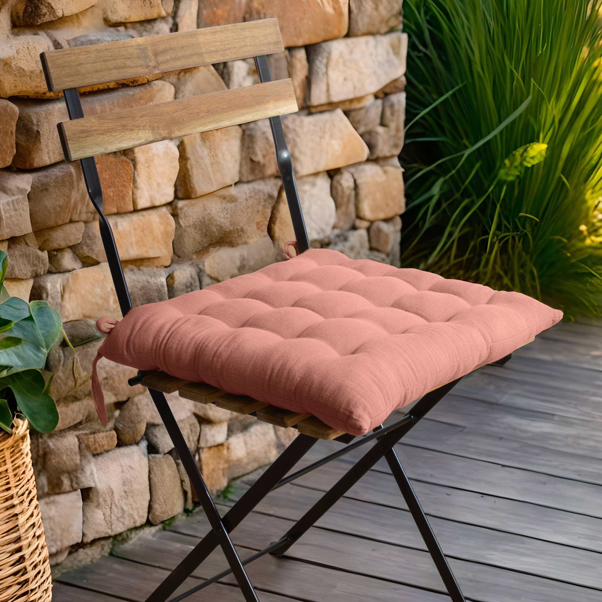 Peach pink muslin chair cushion