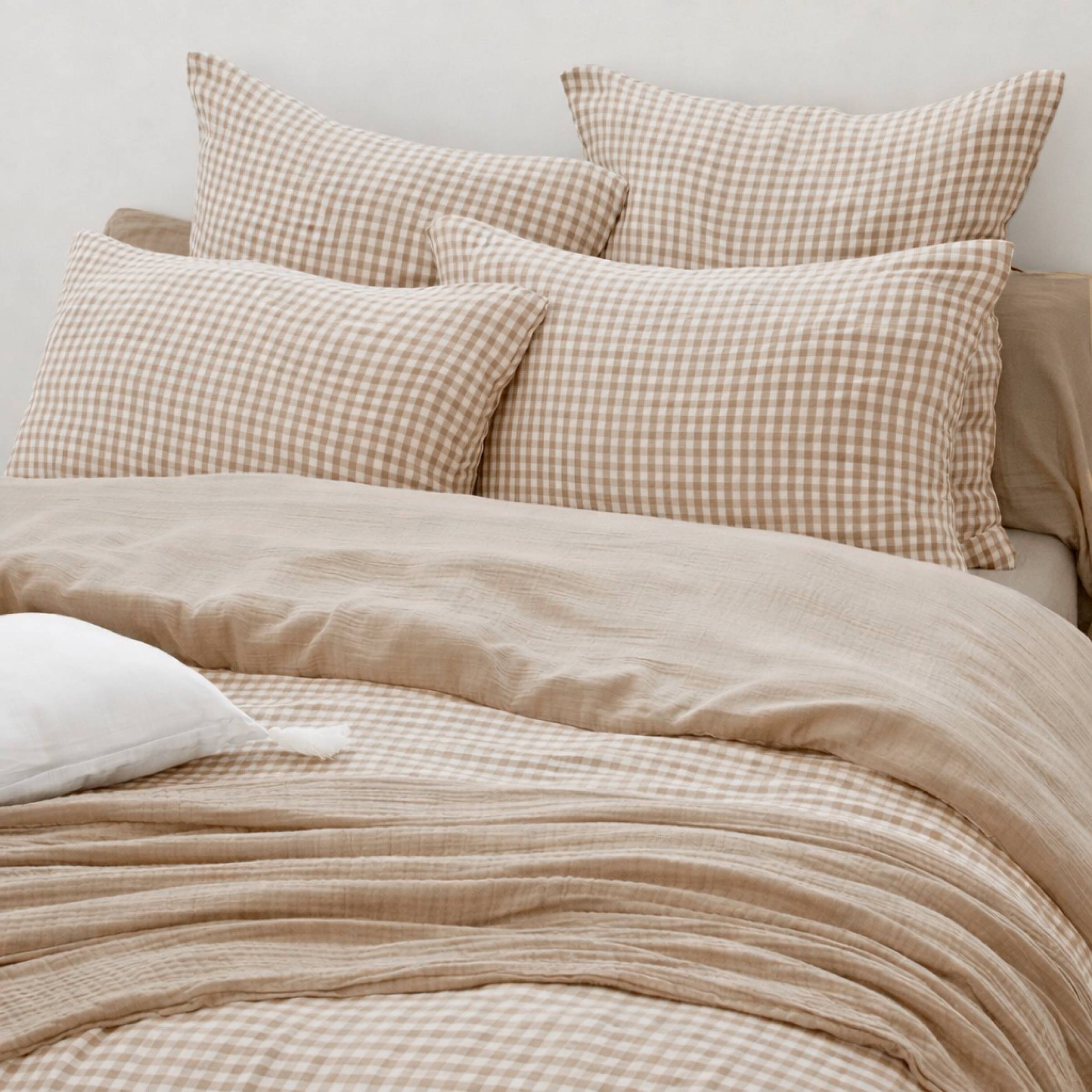 Taupe gingham muslin pillowcase