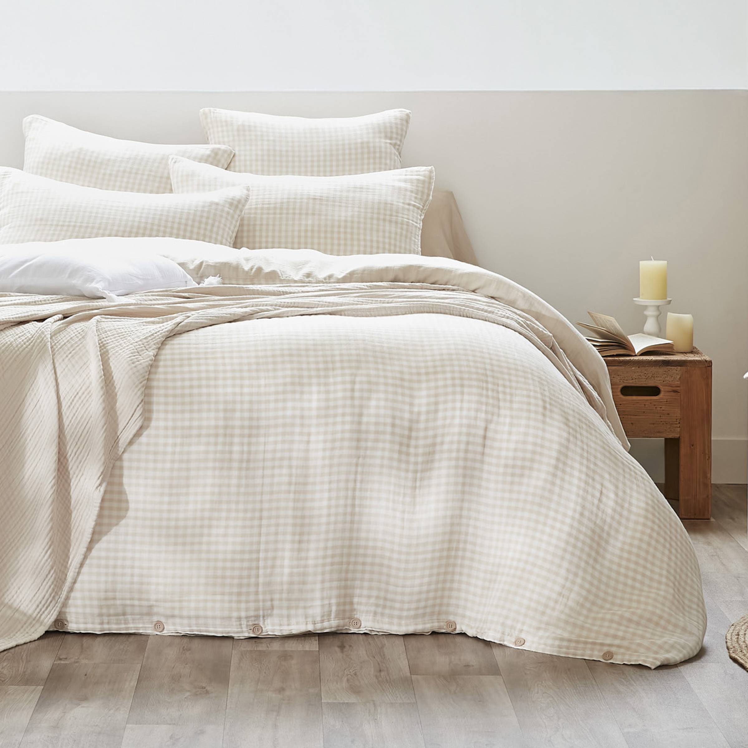 Beige gingham muslin duvet cover