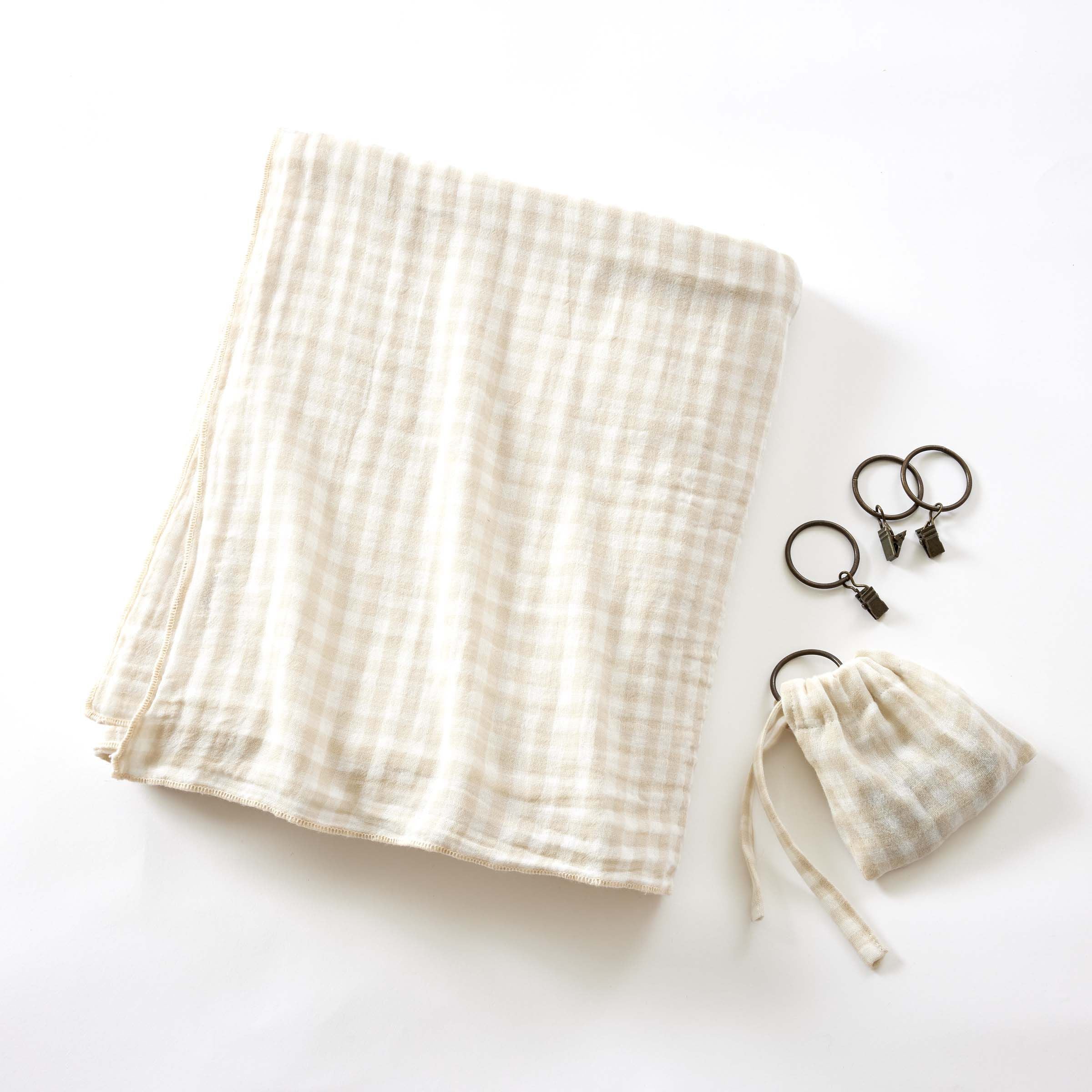 Beige gingham adjustable muslin curtain
