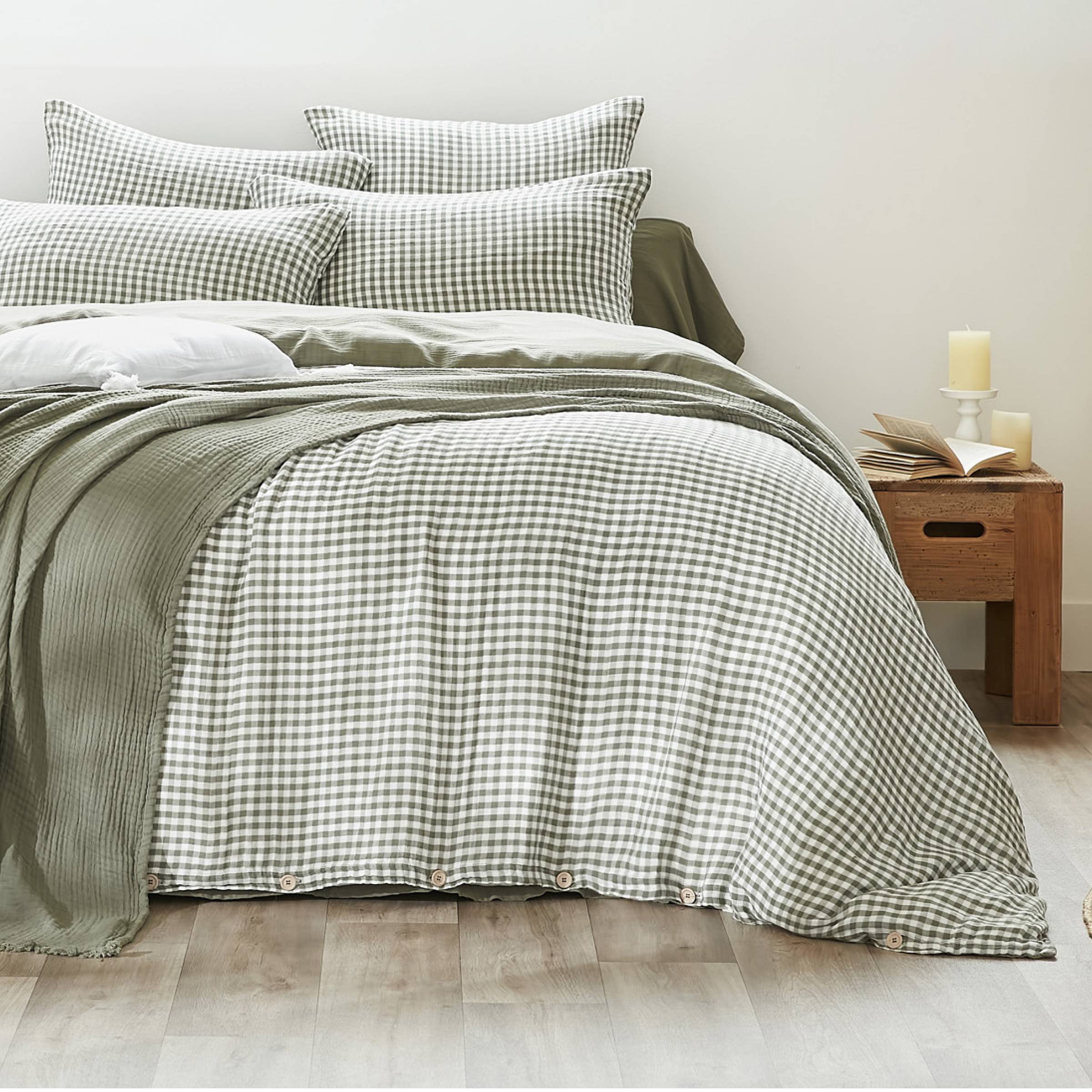 Rosemary green gingham muslin duvet cover