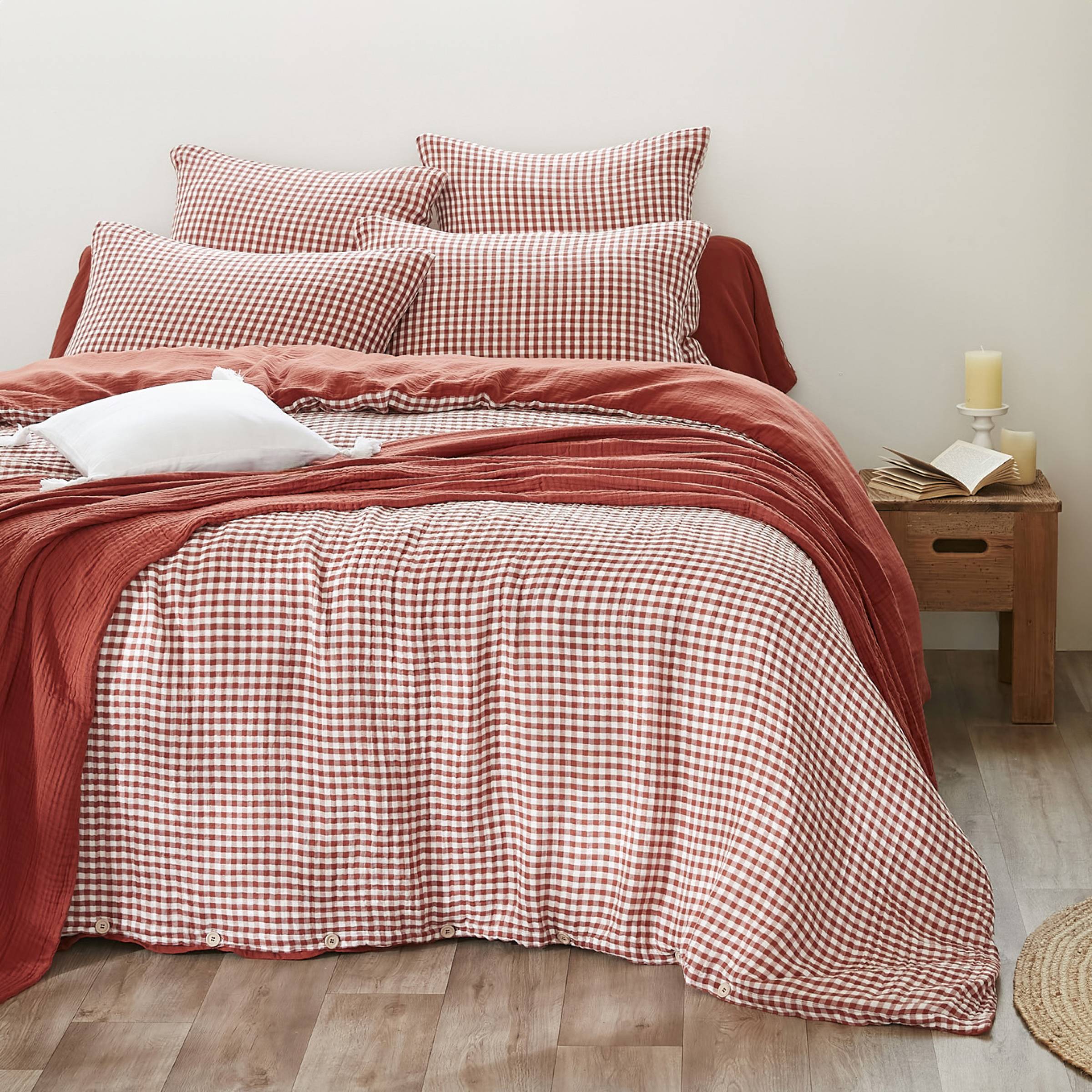Terracotta gingham muslin duvet cover