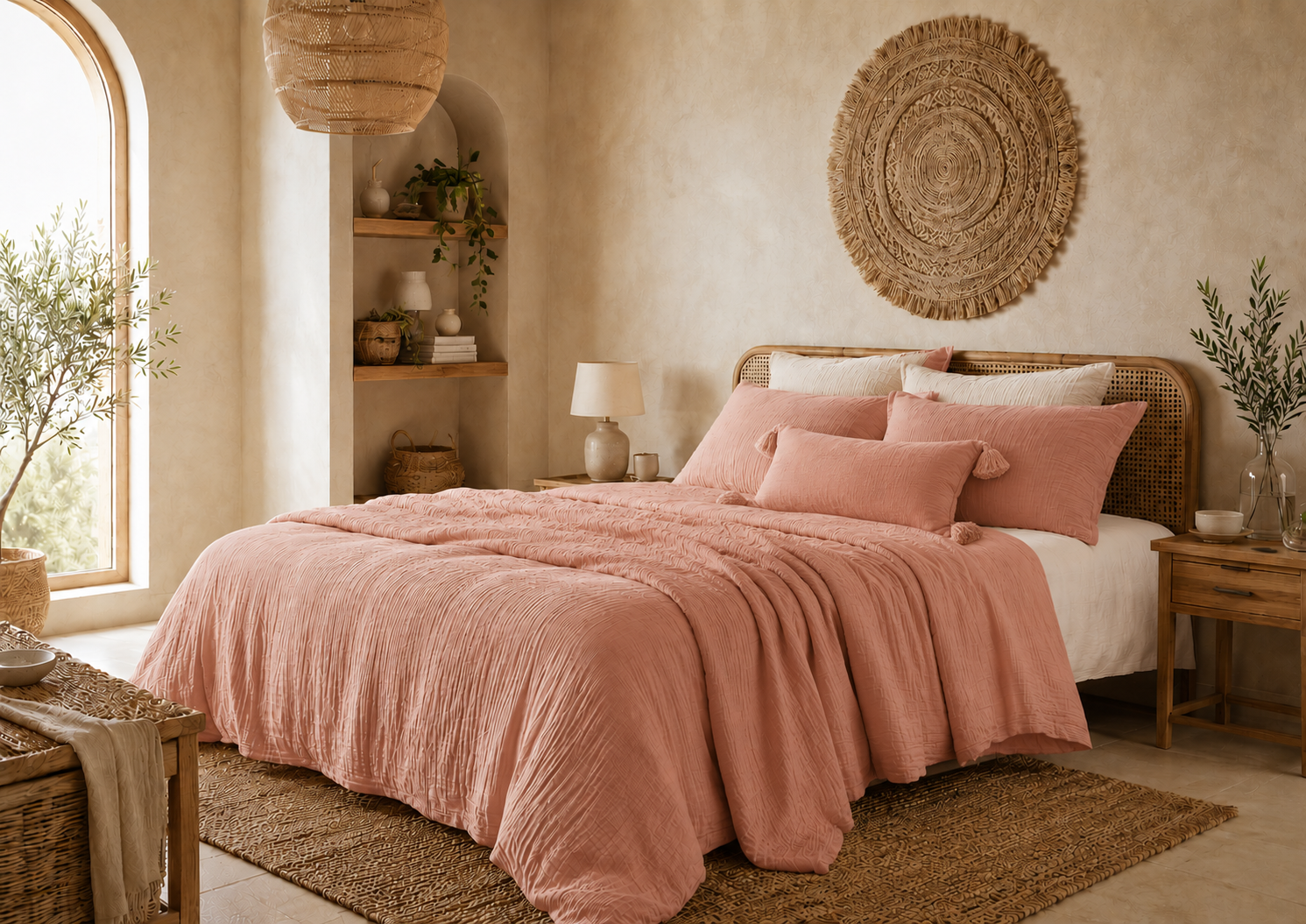 Boho-inspired bedroom featuring a peach pink cotton gauze bedding set with matching pillowcases, a decorative pompom cushion, a rattan headboard, woven wall décor, and warm natural light.