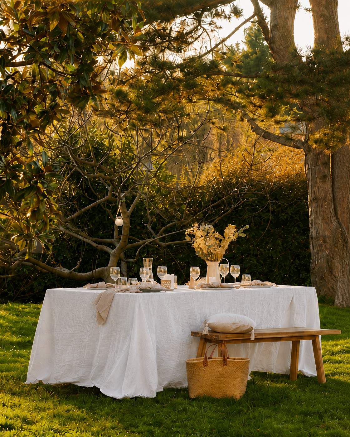 Elegant outdoor dining table set with white linen, glassware, and dried floral arrangements beneath trees in warm golden evening light