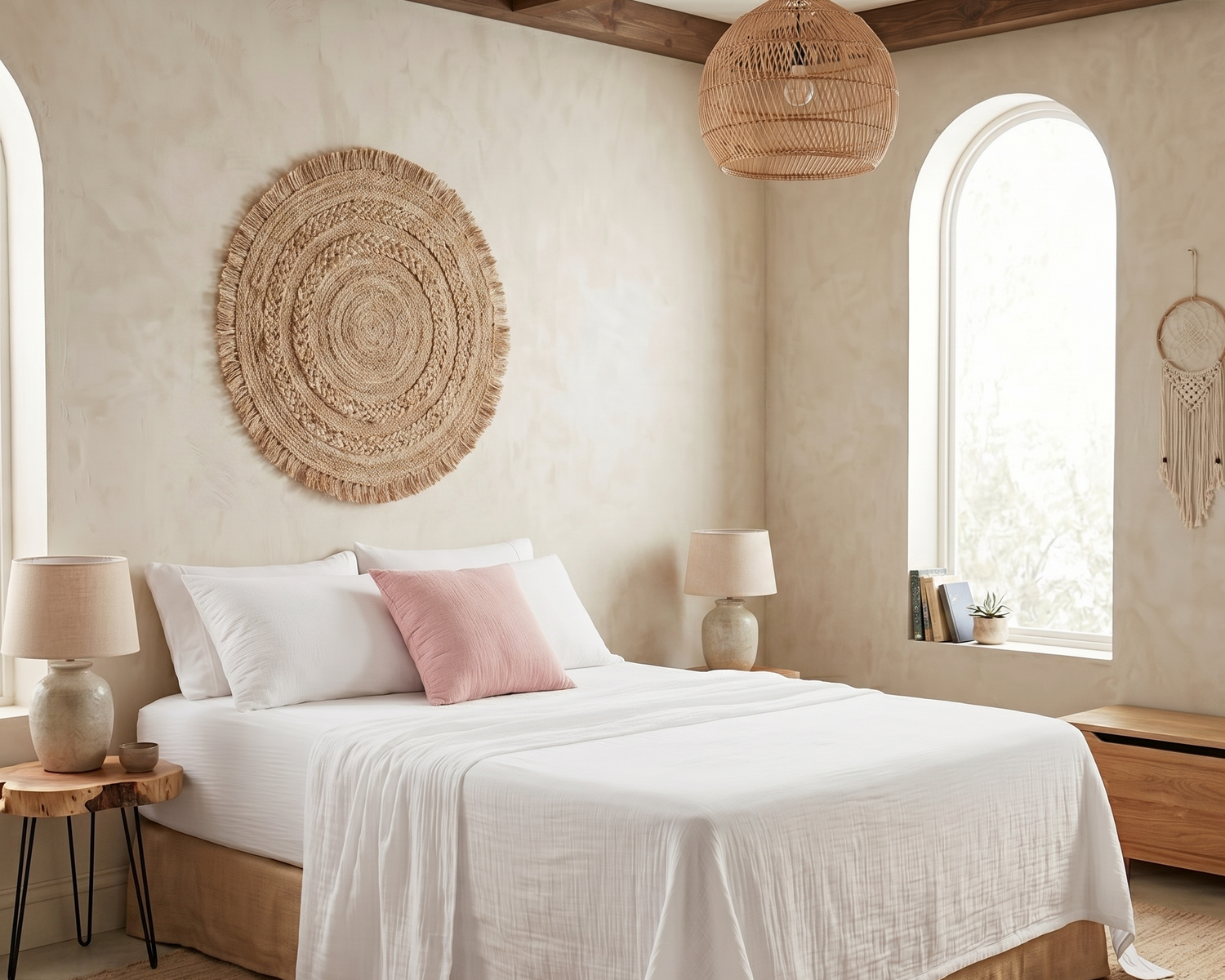 This luminous bedroom with a natural atmosphere features a double bed dressed in white muslin linens and a small powder pink cushion, overlooked by a large circular wall decoration in woven jute.