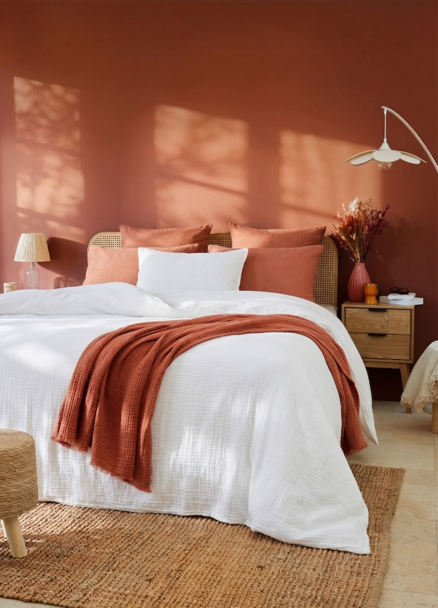 Une chambre moderne et chaleureuse aux tons terracotta et blancs, éclairée par une lumière ensoleillée diffuse. Le lit est paré d'une tête de lit tressée, de draps blancs et d'une couverture terracotta, entouré de tables de chevet en bois.