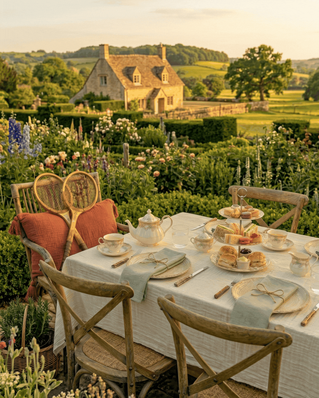 A rectangular table draped in light linen is set for tea in an English garden, with a cottage bathed in golden light in the background. On a wooden chair, two vintage tennis rackets rest against a terracotta cushion.