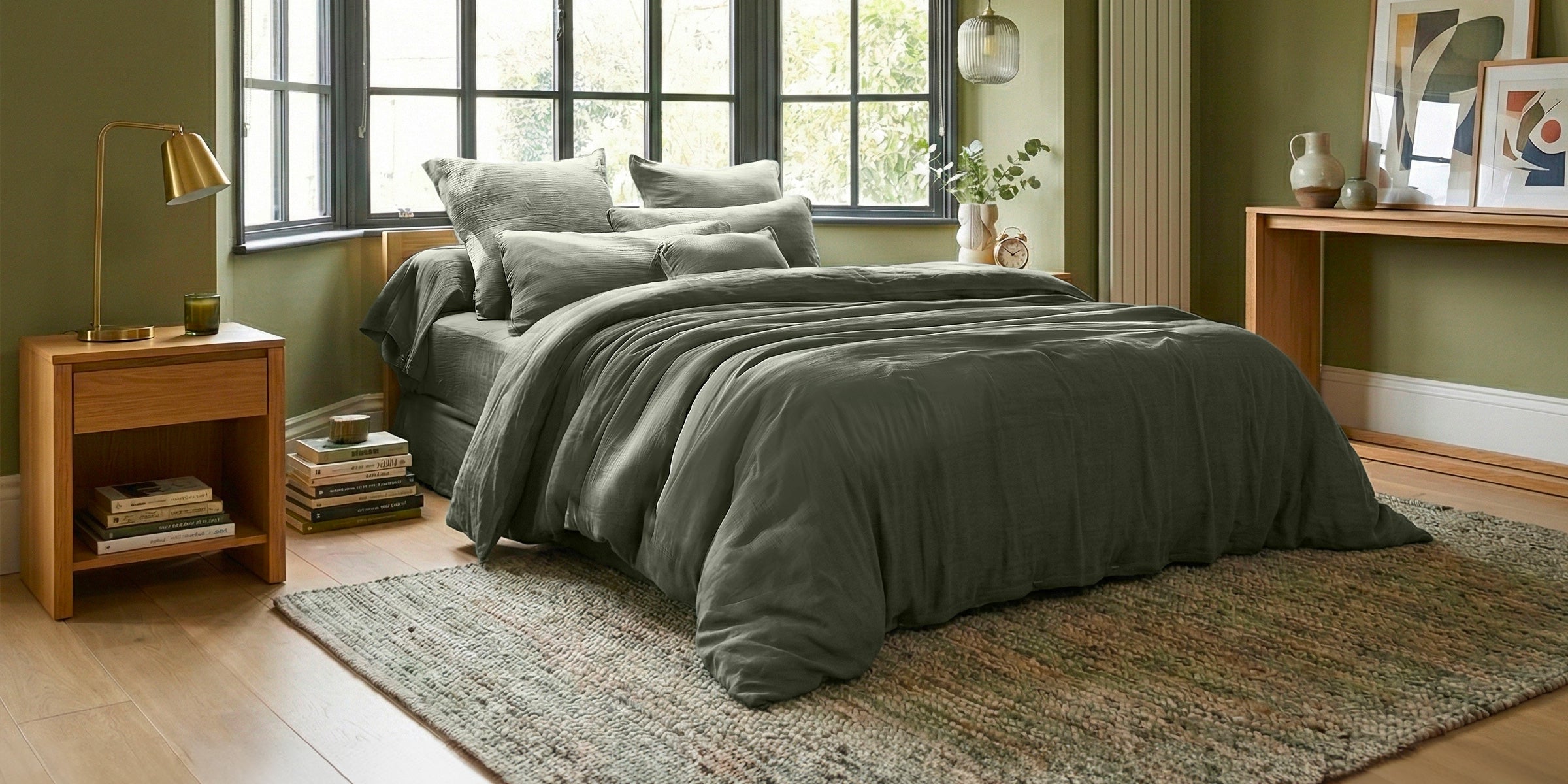 Parure de lit en gaze de coton vert romarin avec housse de couette et taies d'oreiller