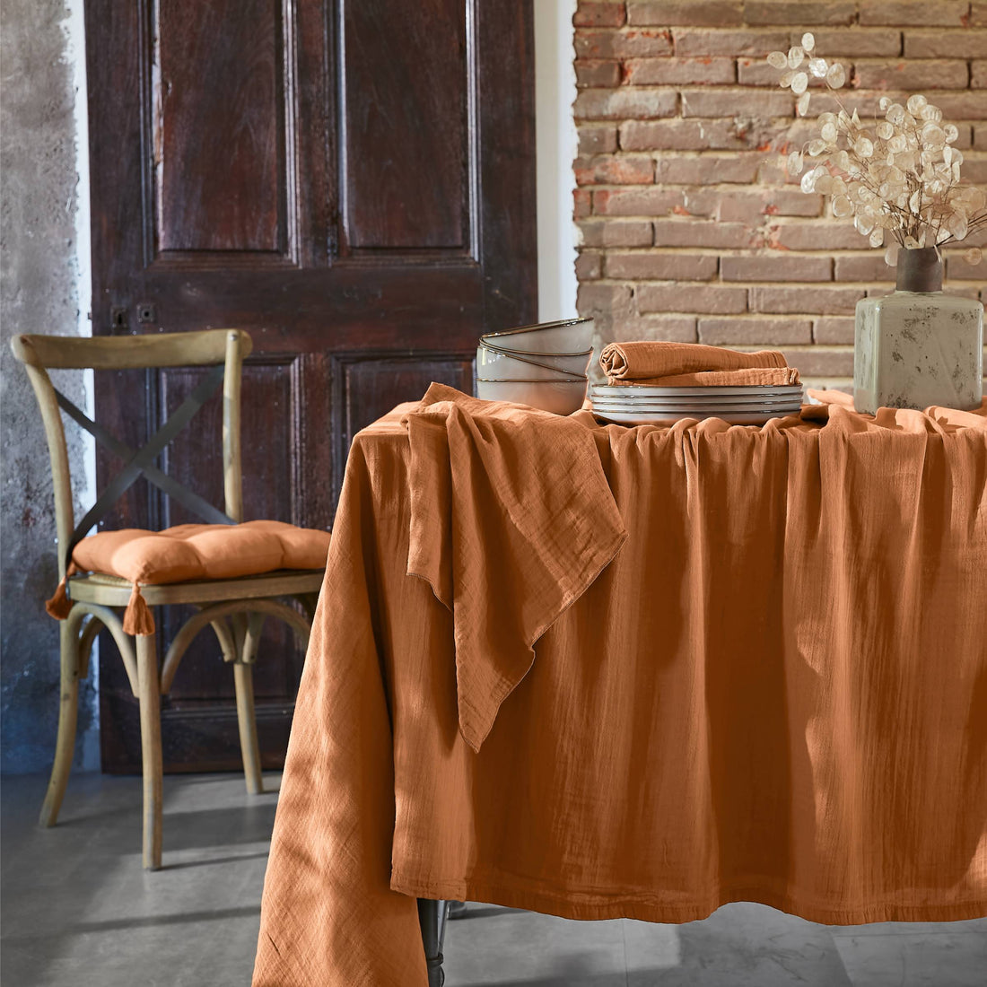 Apricot rectangular muslin tablecloth 