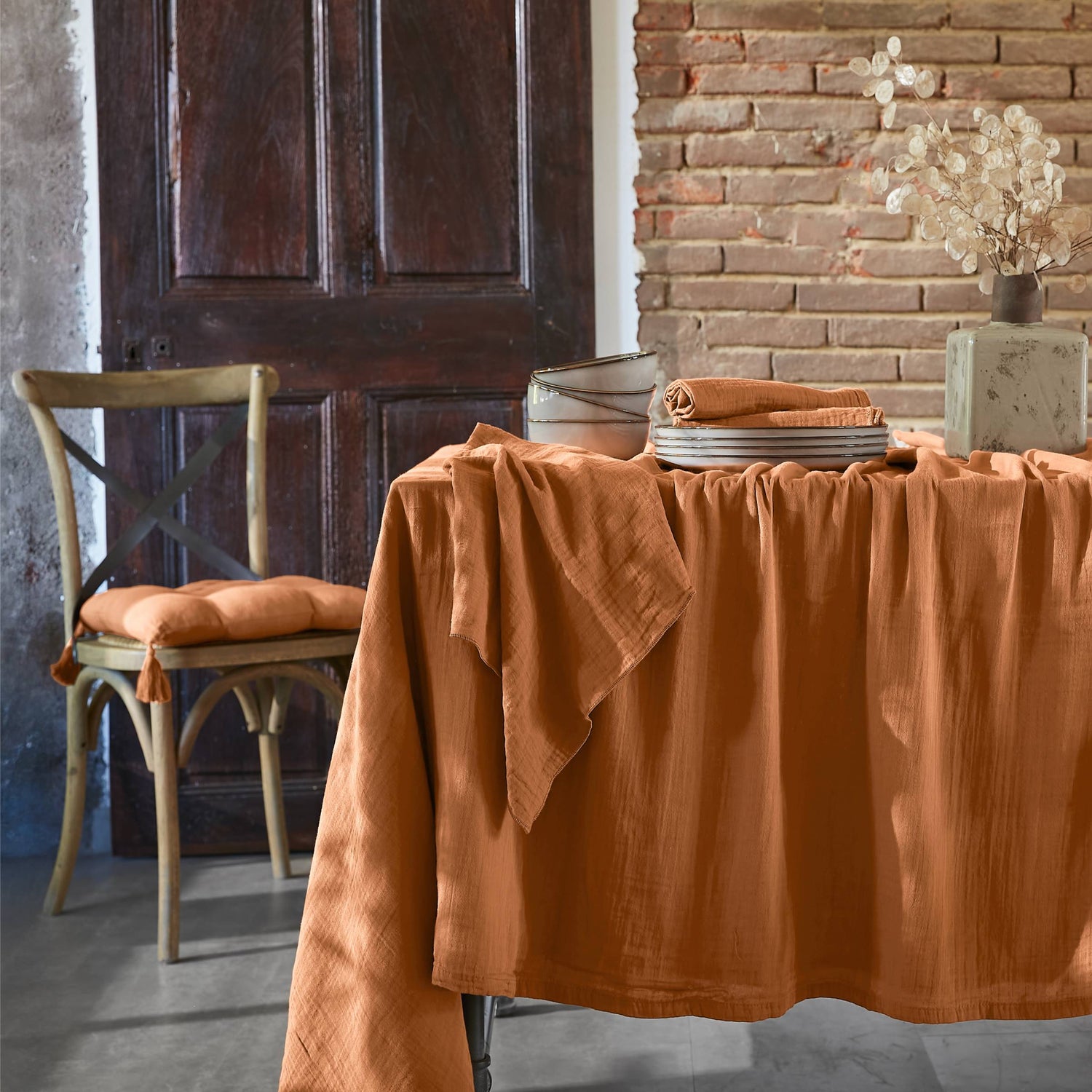 Apricot rectangular muslin tablecloth 