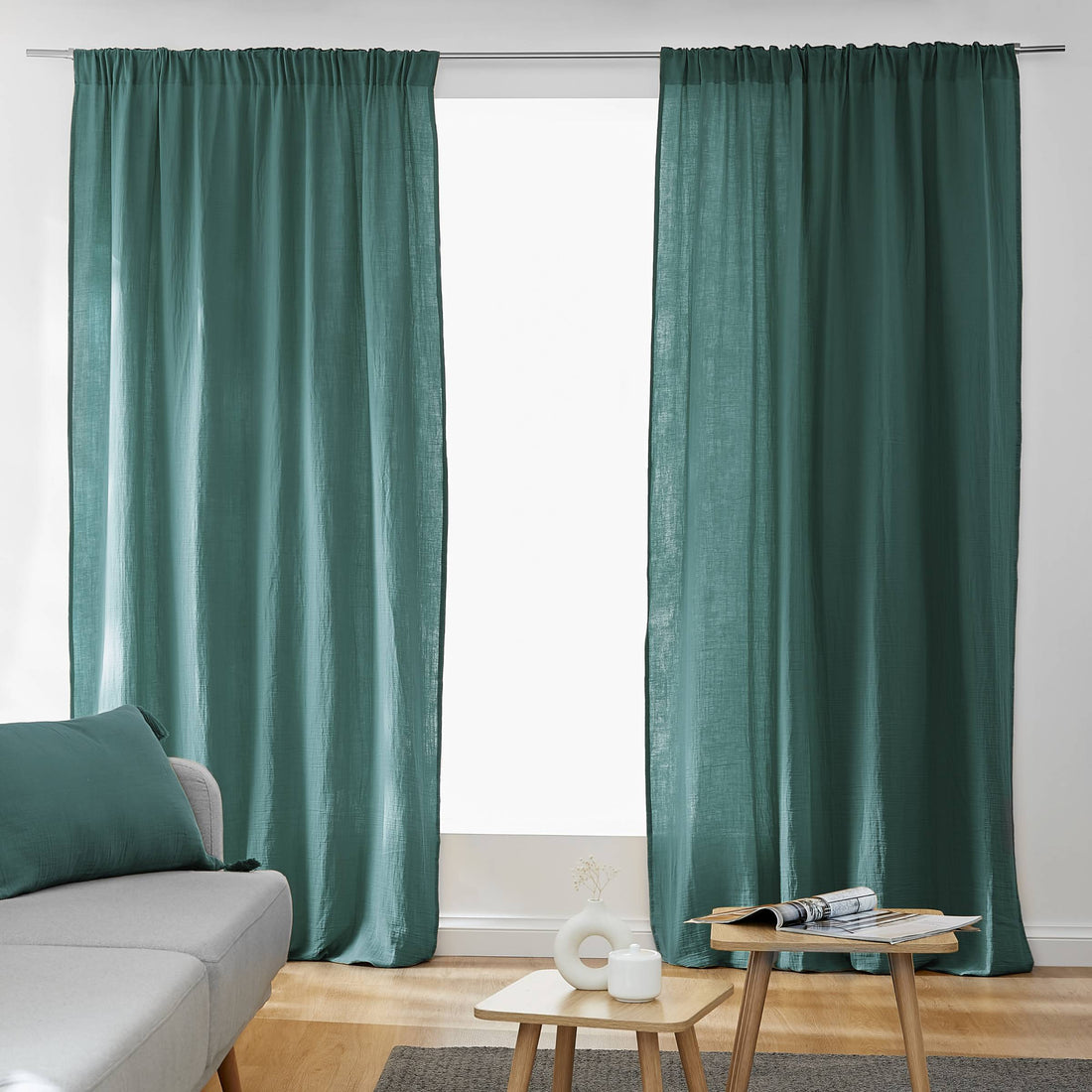 Duck blue muslin pencil pleat curtain