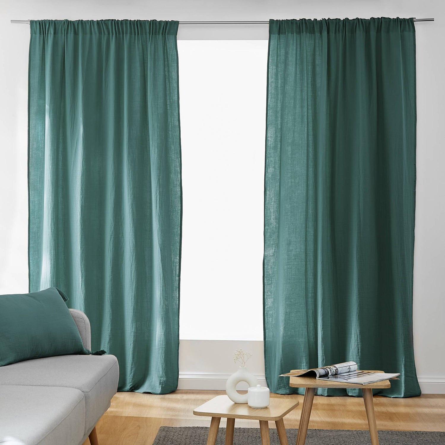 Duck blue muslin pencil pleat curtain