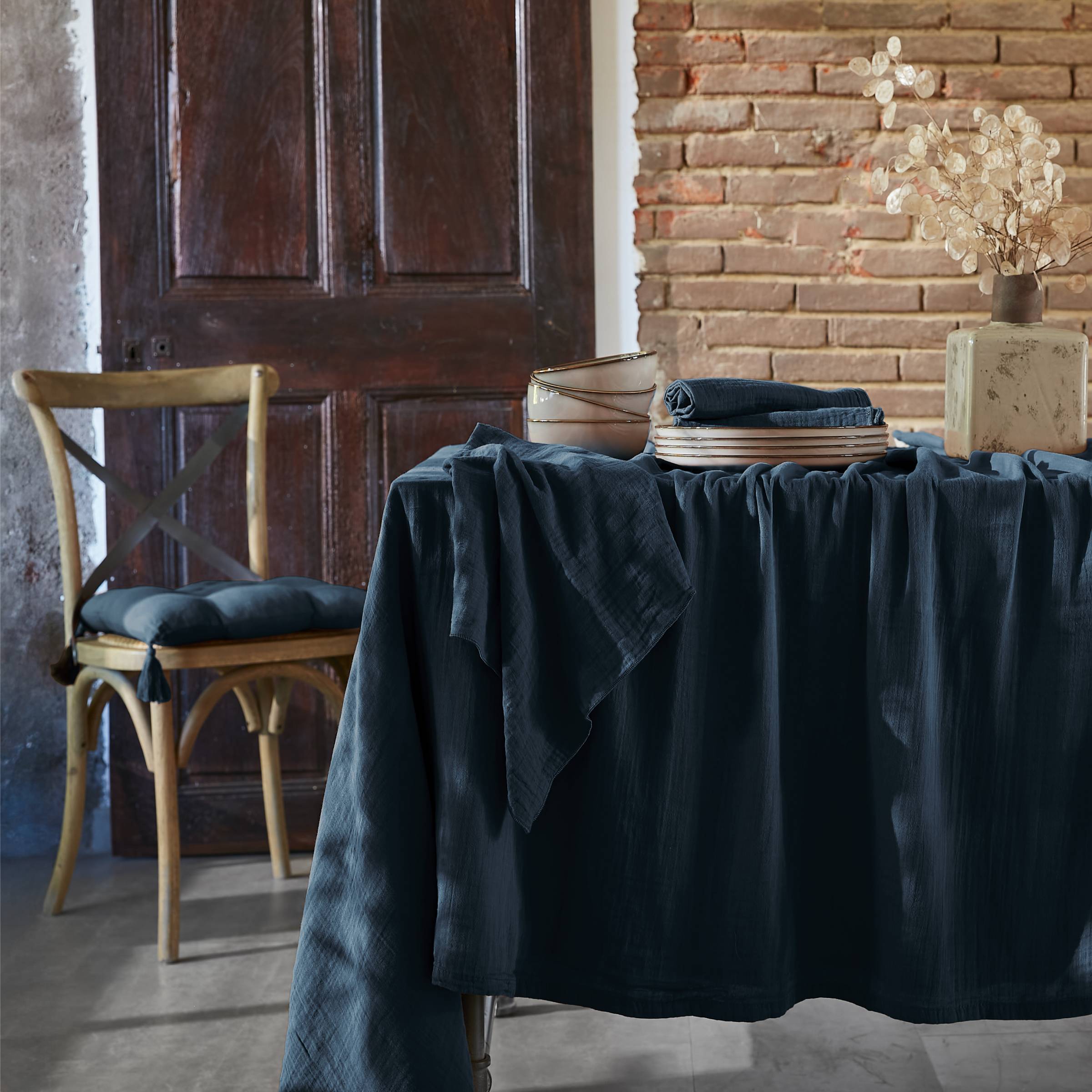 Midnight blue rectangular muslin tablecloth