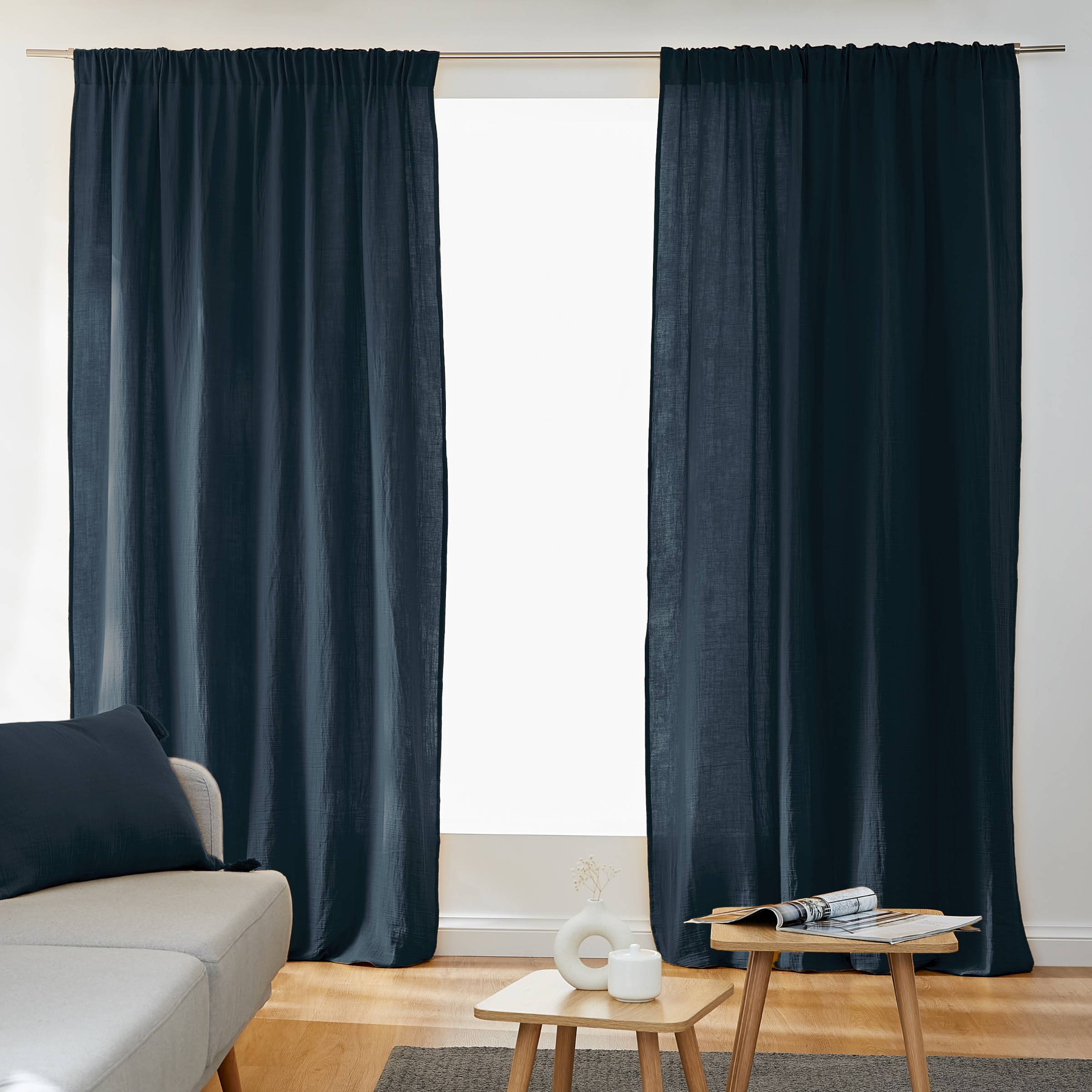 Midnight blue muslin pencil pleat curtain