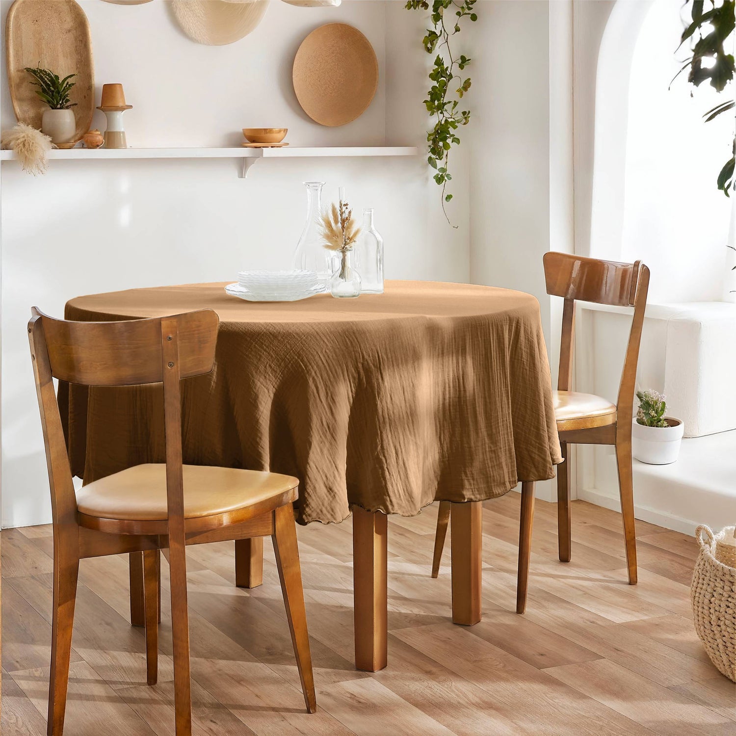 Camel muslin round tablecloth