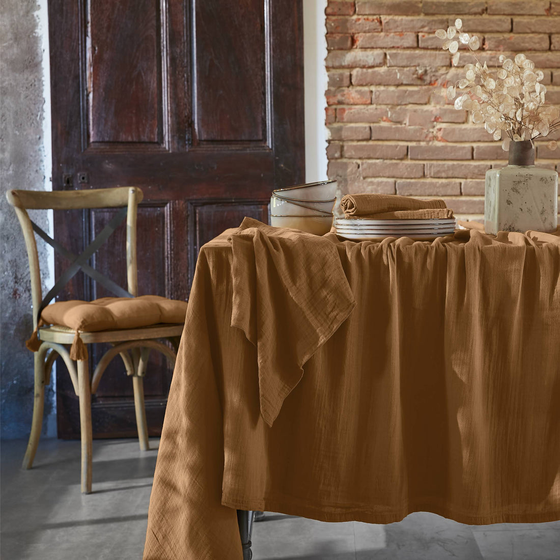Camel muslin rectangular tablecloth