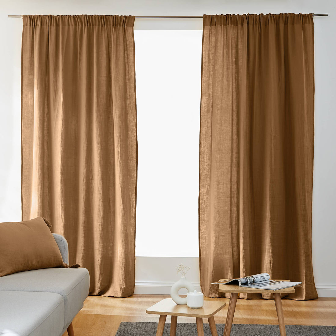 Camel muslin pencil pleat curtain