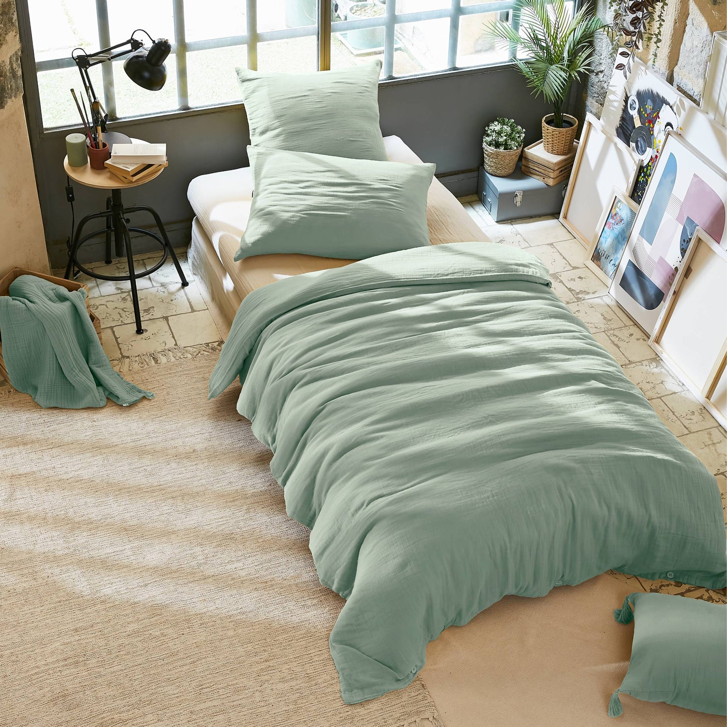 Eucalyptus green muslin duvet cover