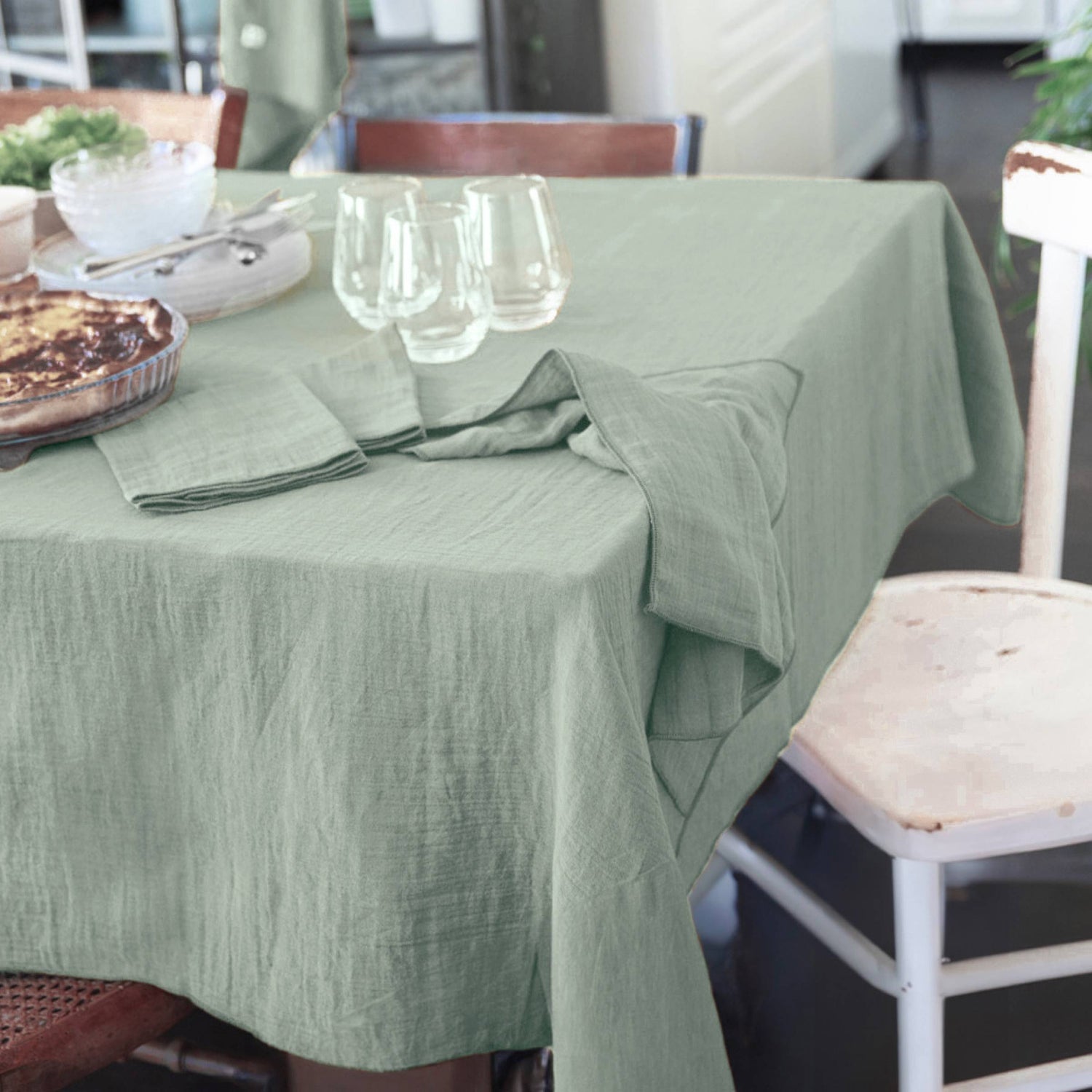 Eucalyptus green rectangular muslin tablecloth