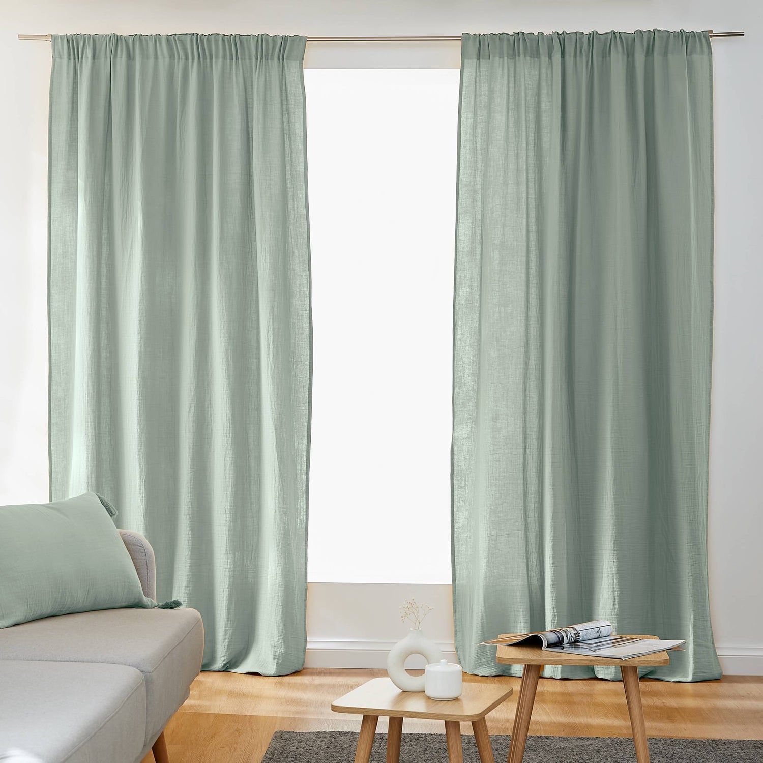 Eucalyptus green muslin pencil pleat curtain