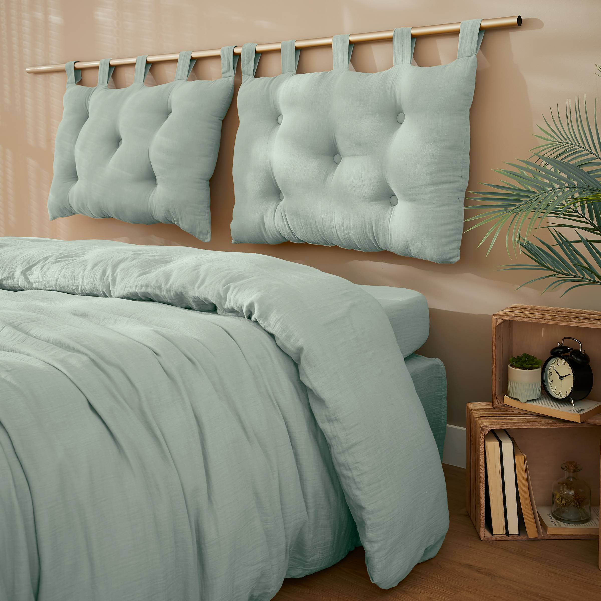 Eucalyptus green muslin headboard