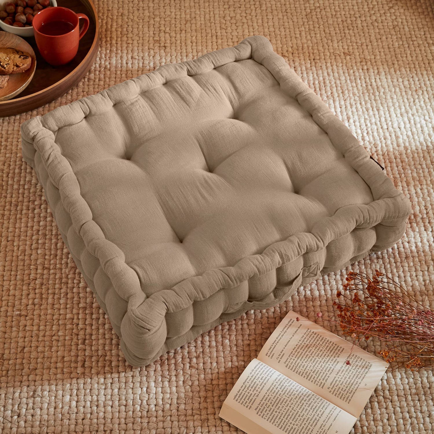 Taupe muslin floor cushion