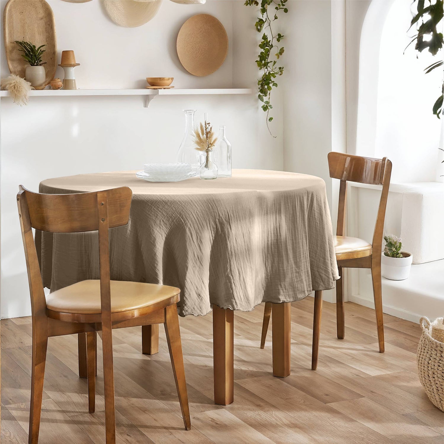 Taupe round muslin tablecloth 