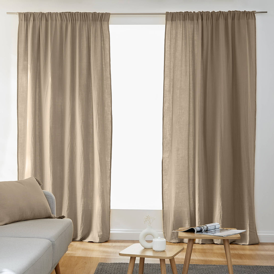 Taupe muslin pencil pleat curtain