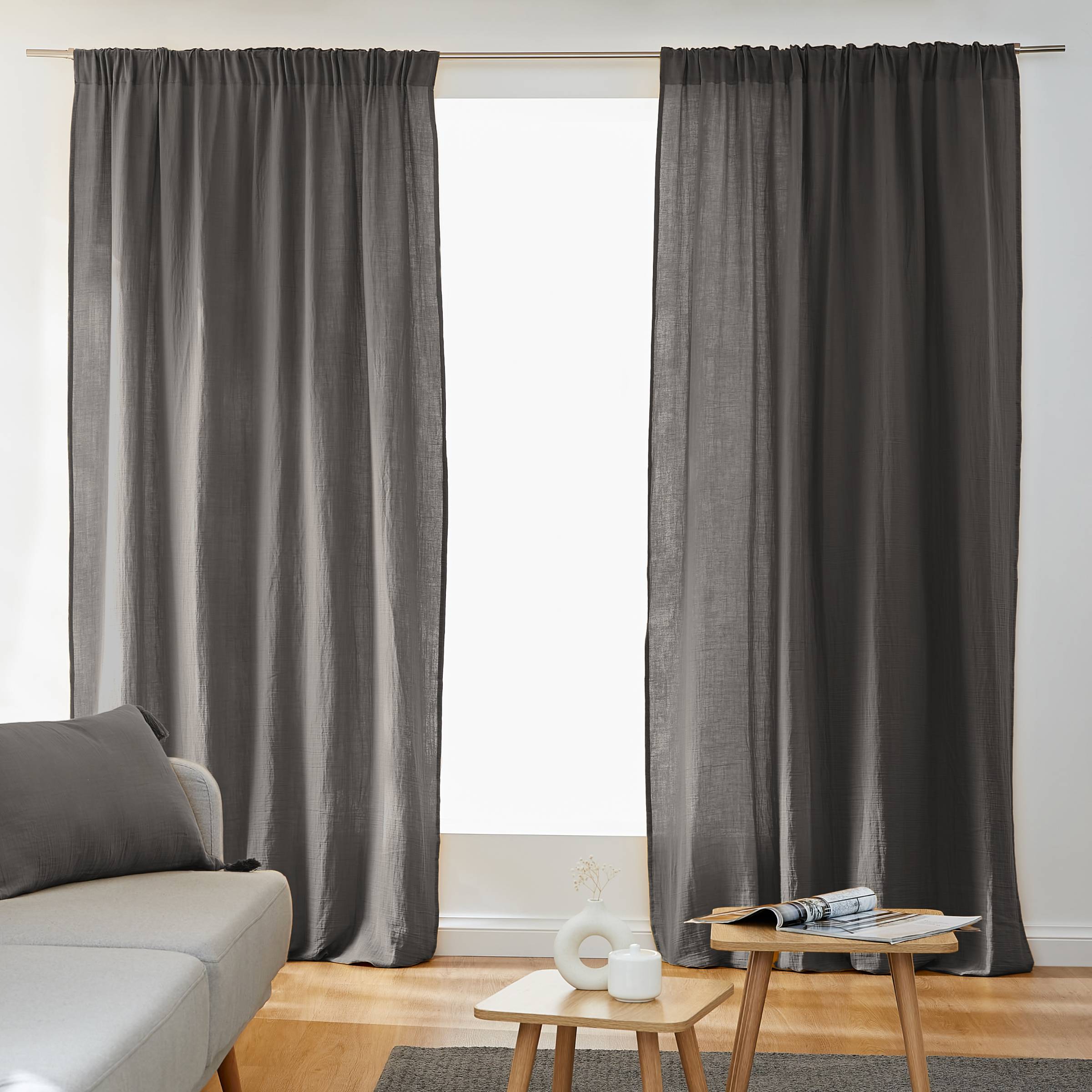 Dark grey muslin pencil pleat curtain