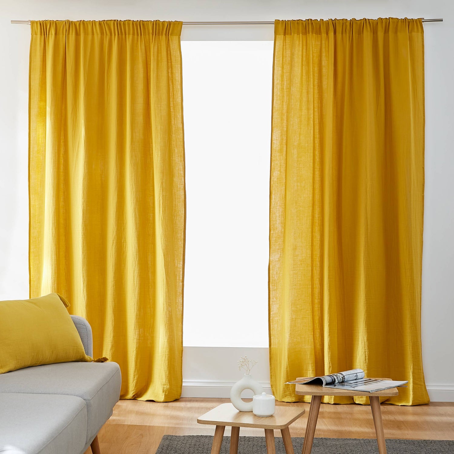 Saffron muslin pencil pleat curtain