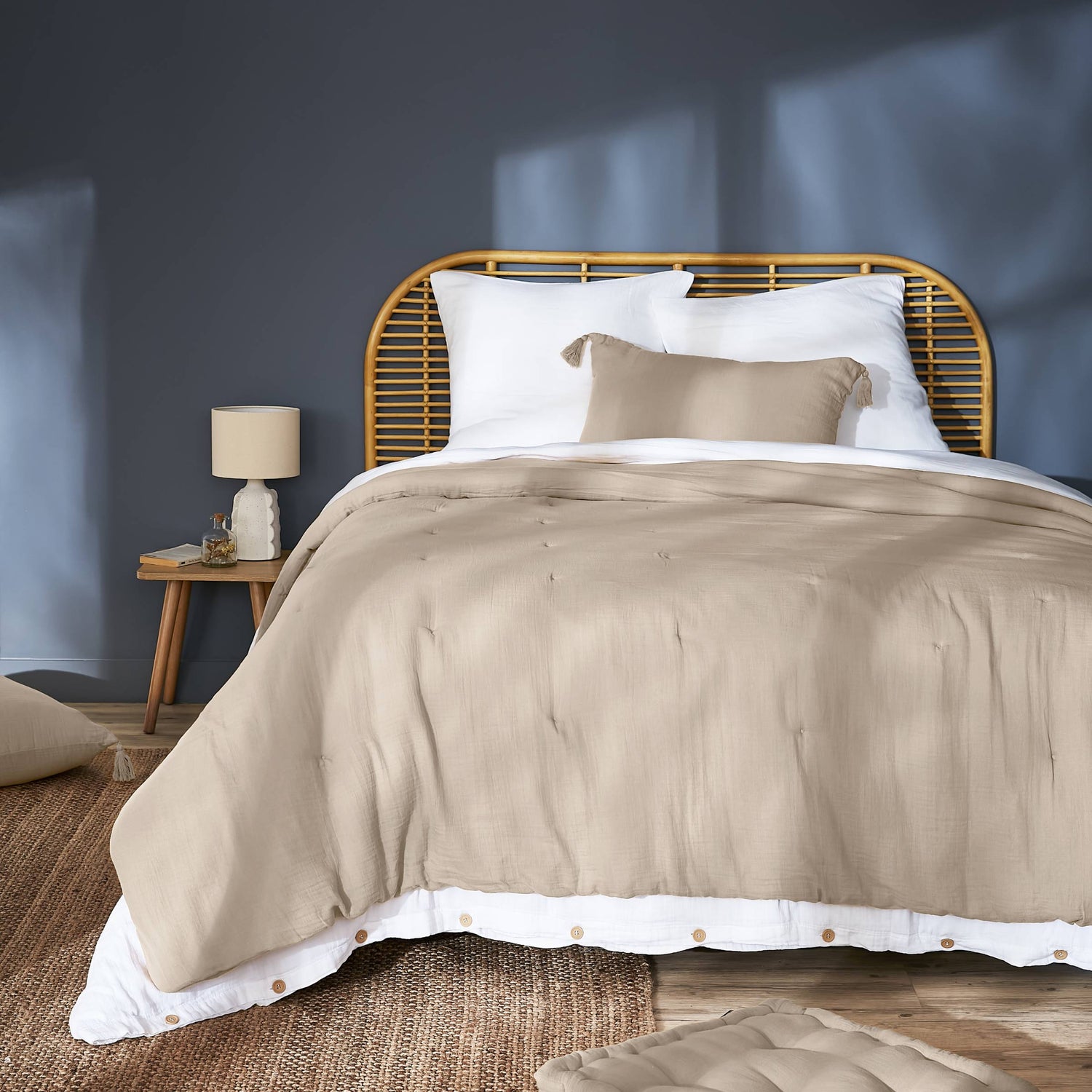 Beige muslin bedspread