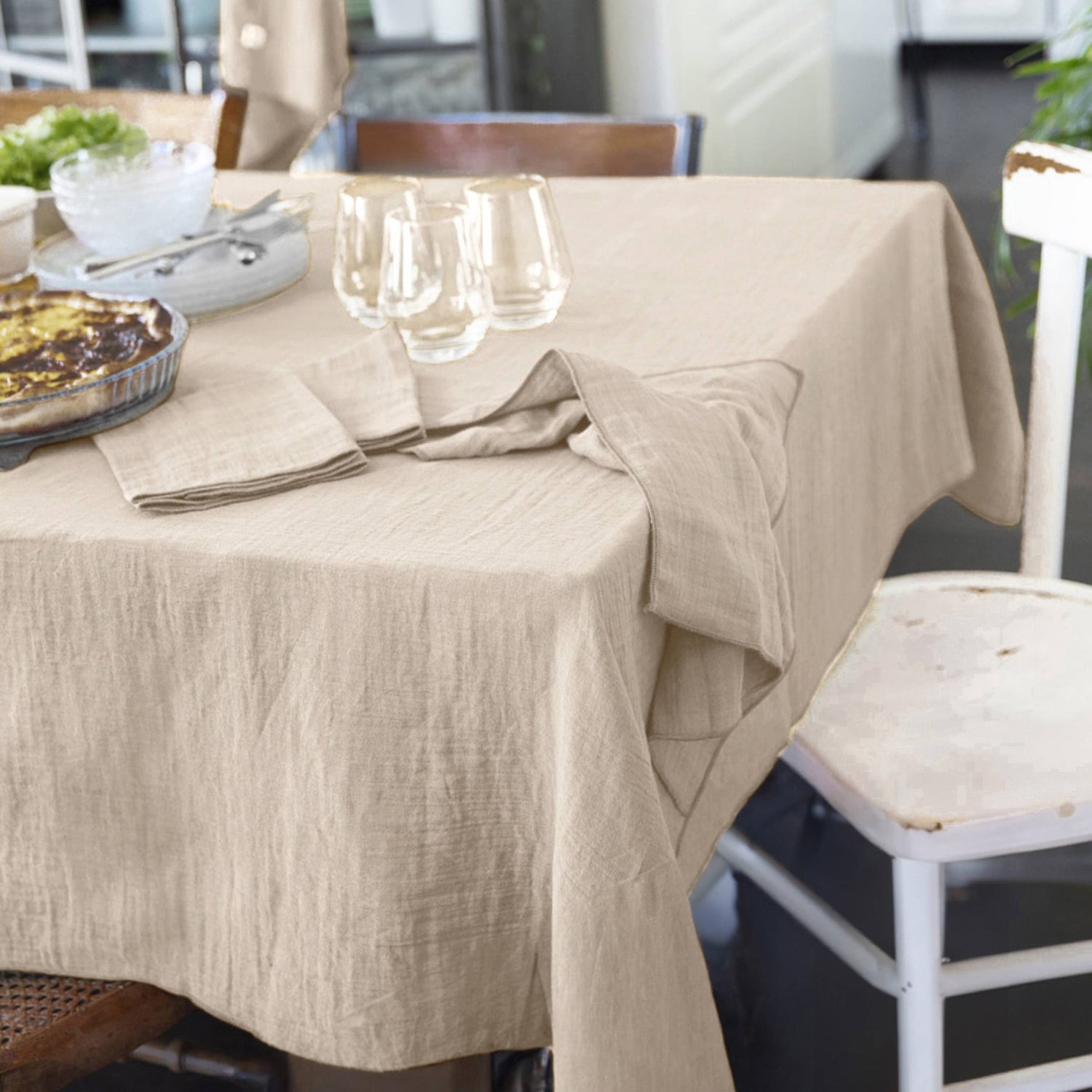 Beige rectangular muslin tablecloth