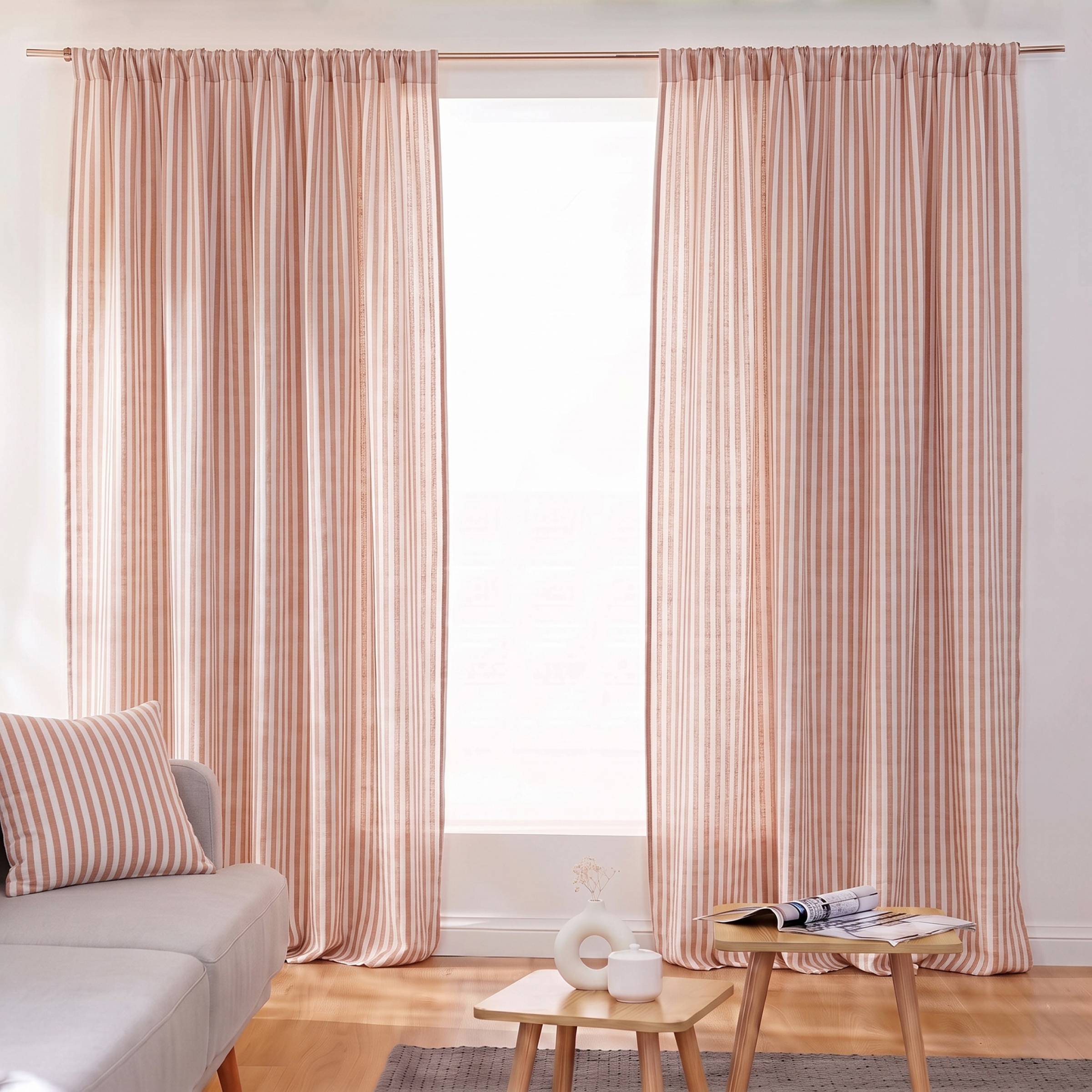 Apricot striped muslin pencil pleat curtain