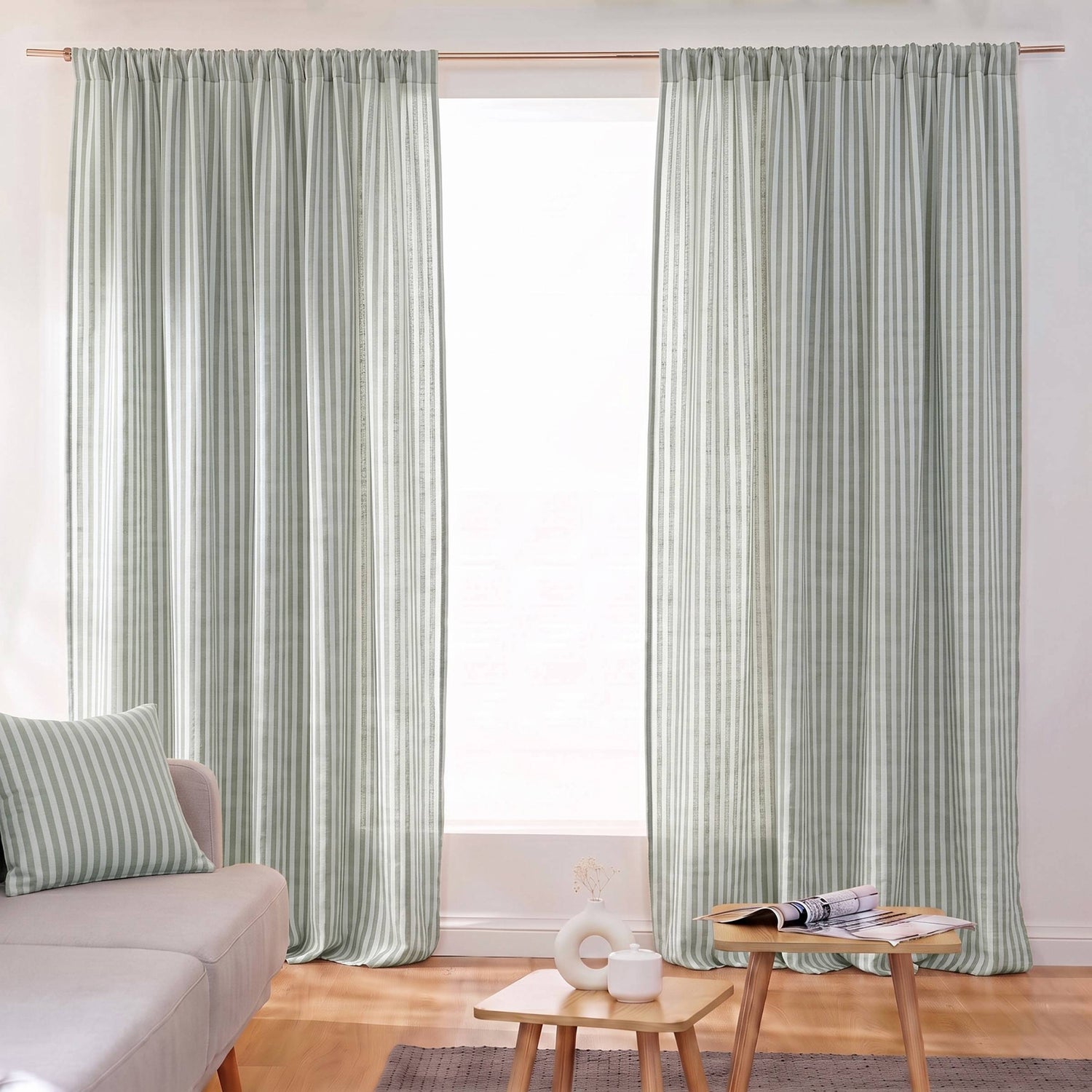 Eucalyptus green striped muslin pencil pleat curtain