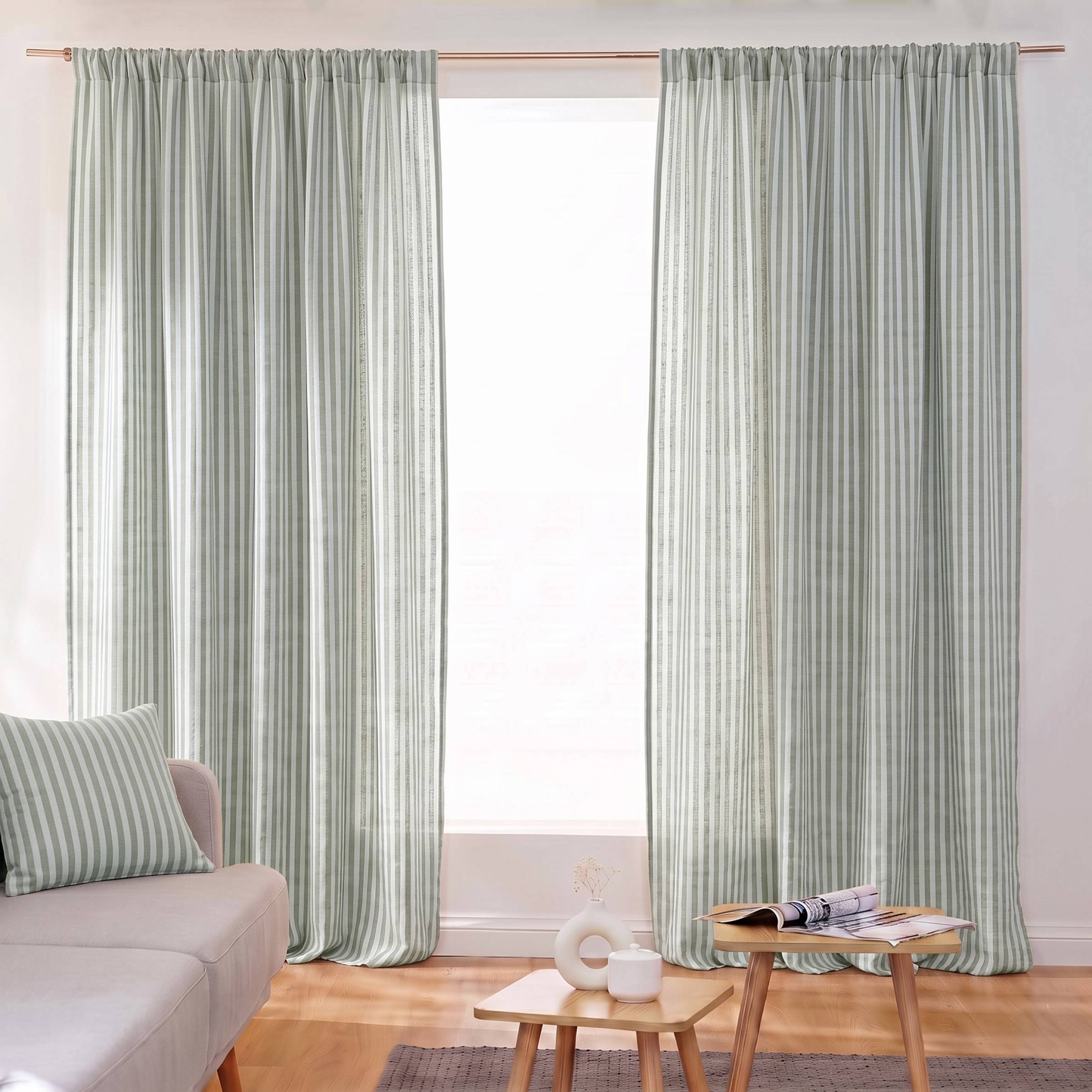 Eucalyptus green striped muslin pencil pleat curtain
