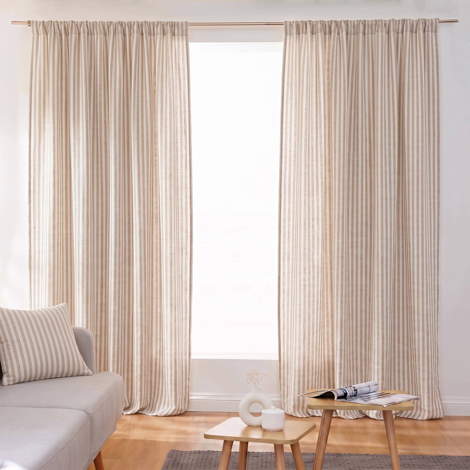 Taupe striped muslin pencil pleat curtain