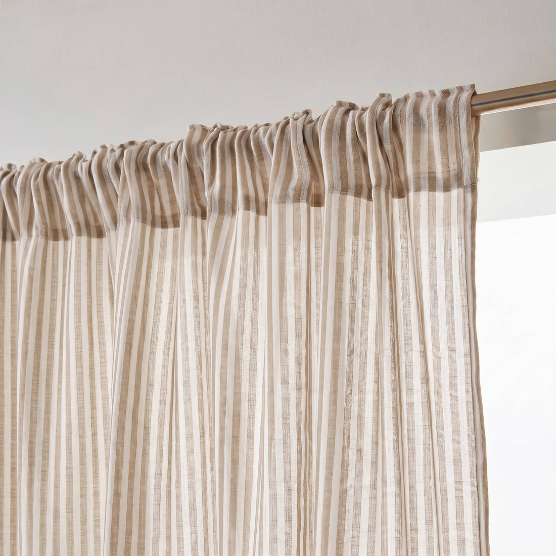 Taupe striped muslin pencil pleat curtain