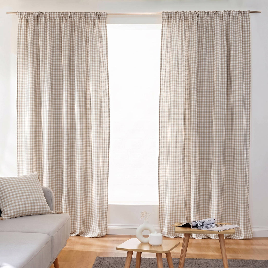 Taupe gingham muslin pencil pleat curtain
