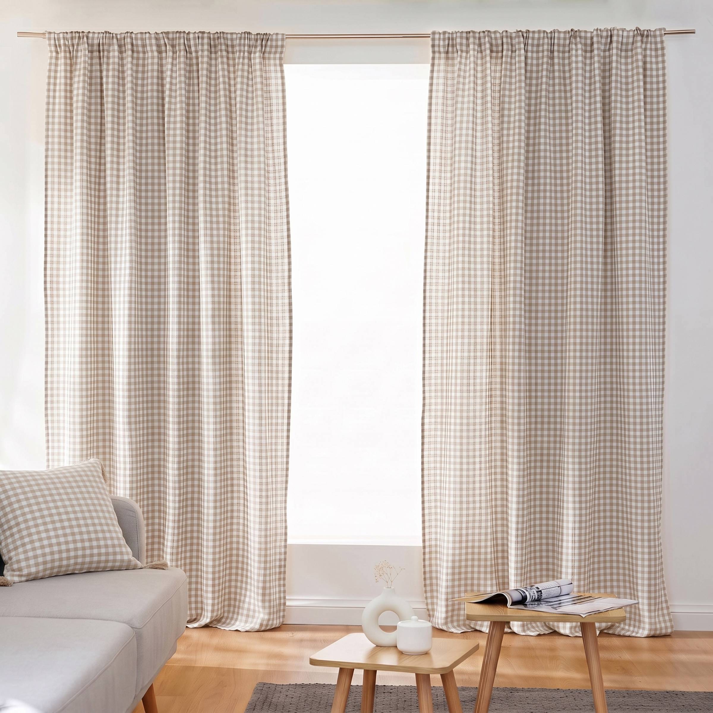 Taupe gingham muslin pencil pleat curtain