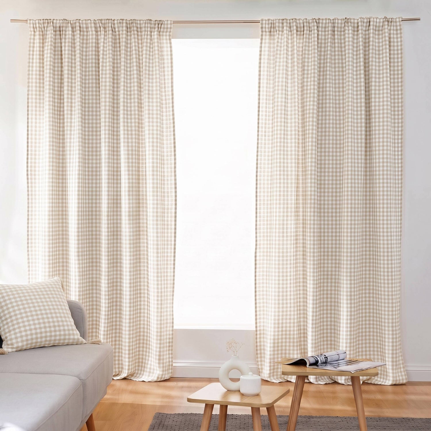 Beige gingham muslin pencil pleat curtain