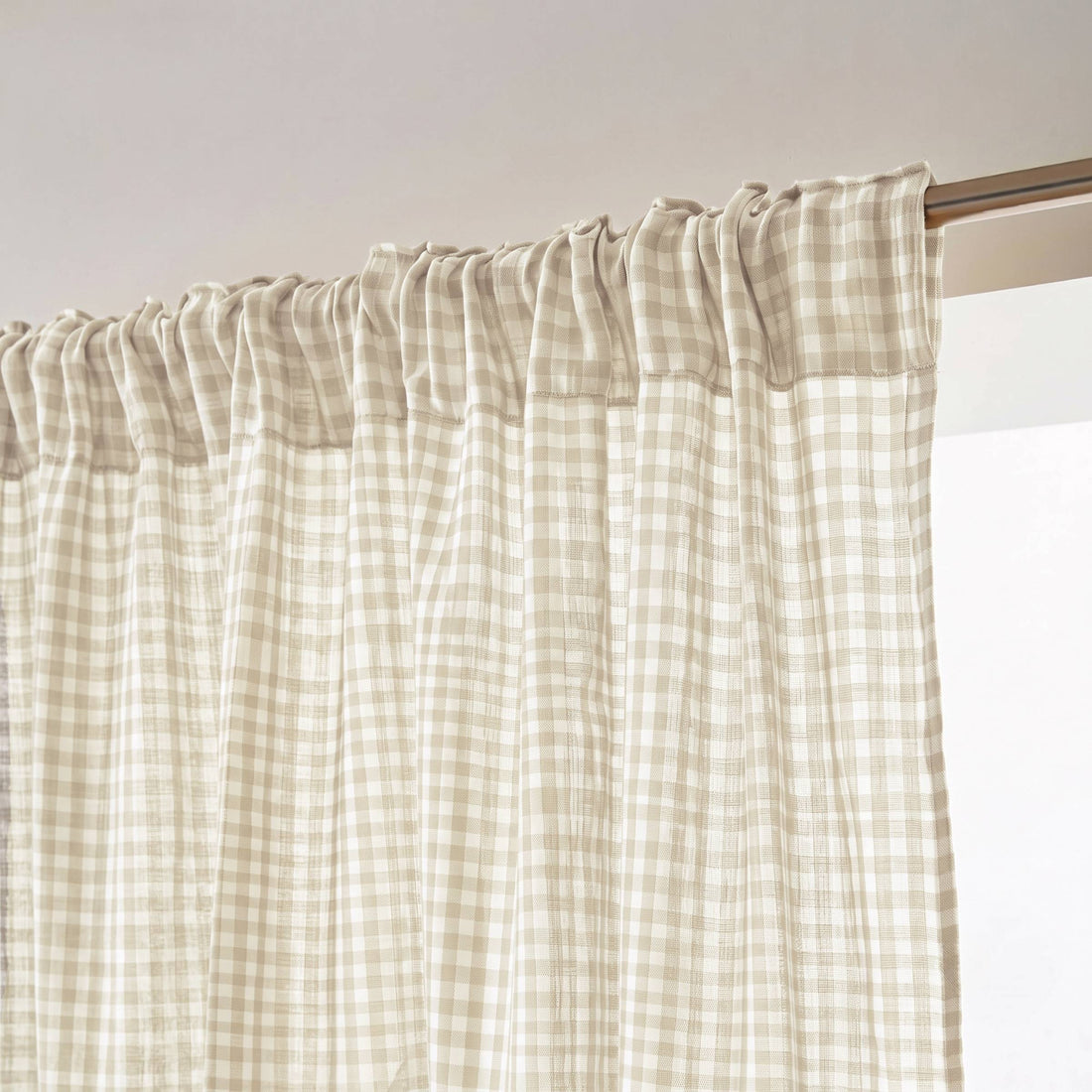 Beige gingham muslin pencil pleat curtain
