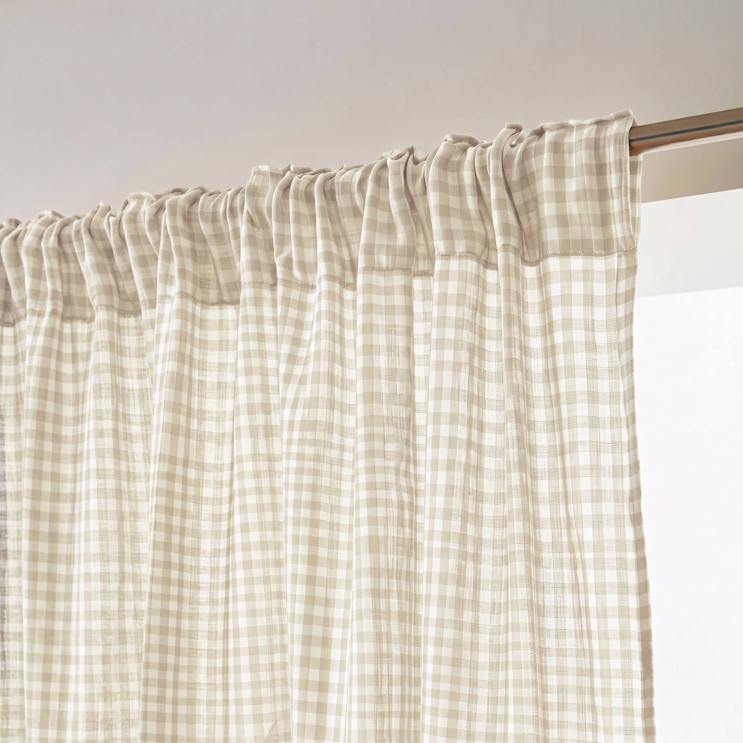 Beige gingham muslin pencil pleat curtain