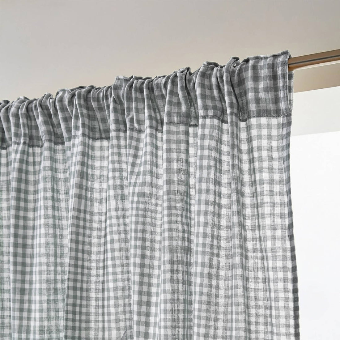 Rosemary green gingham pencil pleat muslin curtain