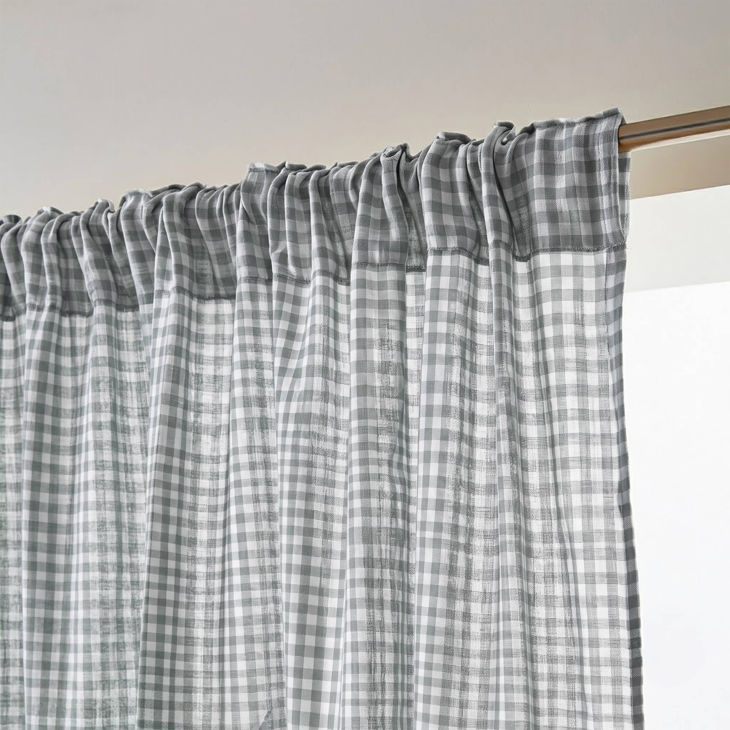 Rosemary green gingham pencil pleat muslin curtain